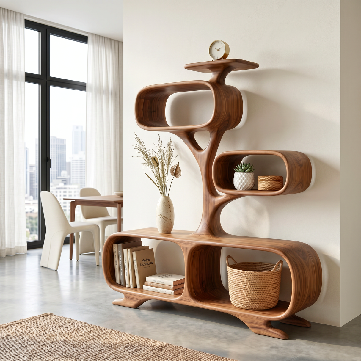 Organic Solid Wood Display Shelf with Tree-Inspired Open Compartments