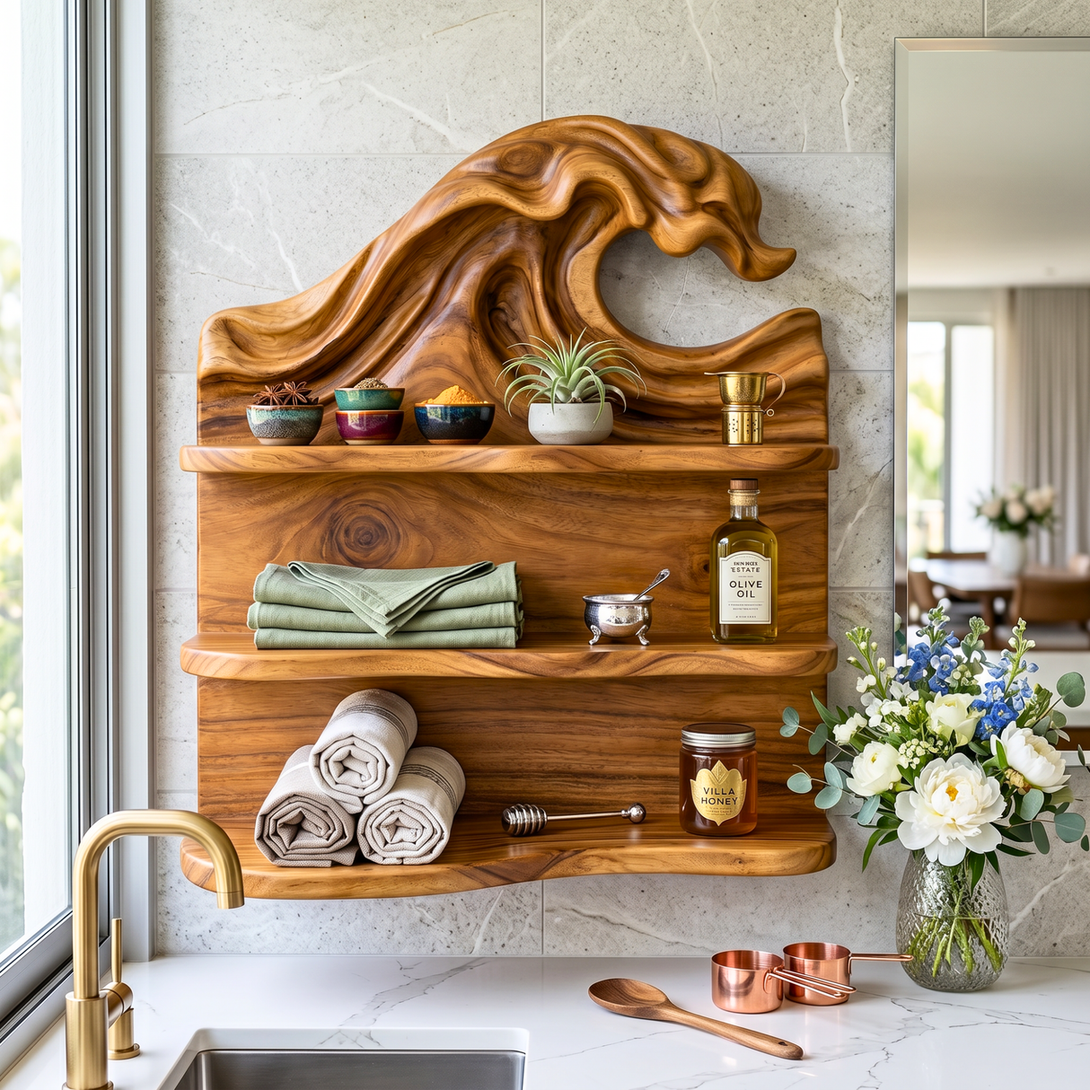 Ocean Wave Wood Wall Shelf with Three Storage Tiers