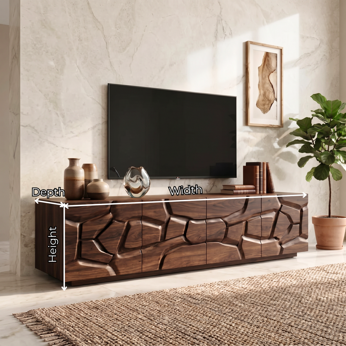Solid Wood TV Console with Geometric Carved Door Fronts