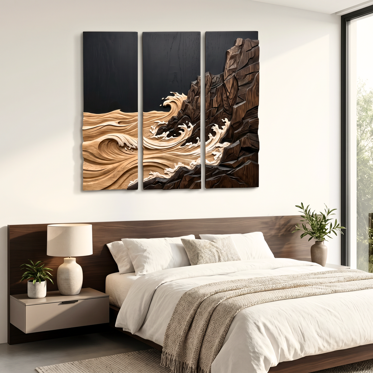 Rocky Shoreline Wave Triptych Wood Wall Sculpture