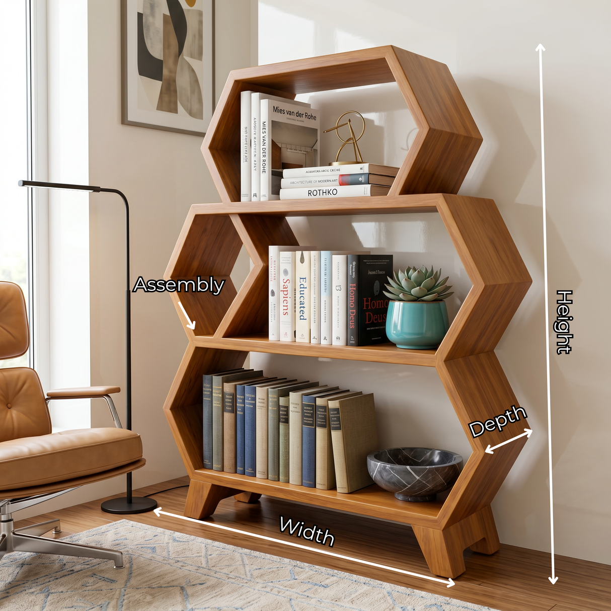 Solid Wood Hexagon Bookshelf with Open Display Shelves