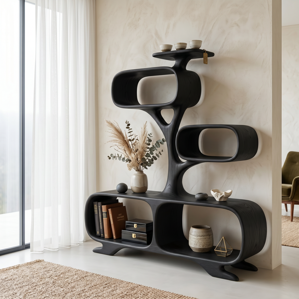 Organic Solid Wood Display Shelf with Tree-Inspired Open Compartments