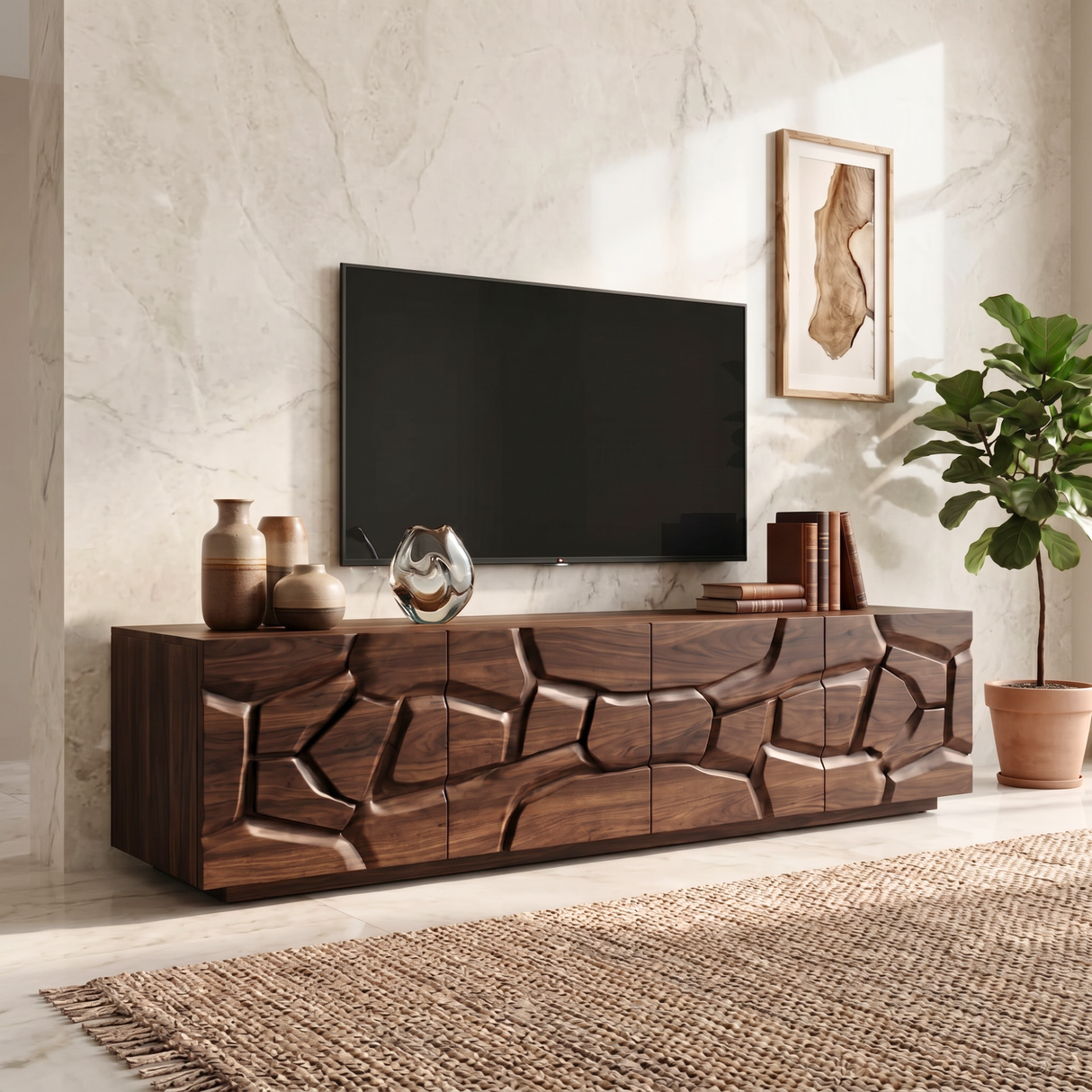 Solid Wood TV Console with Geometric Carved Door Fronts