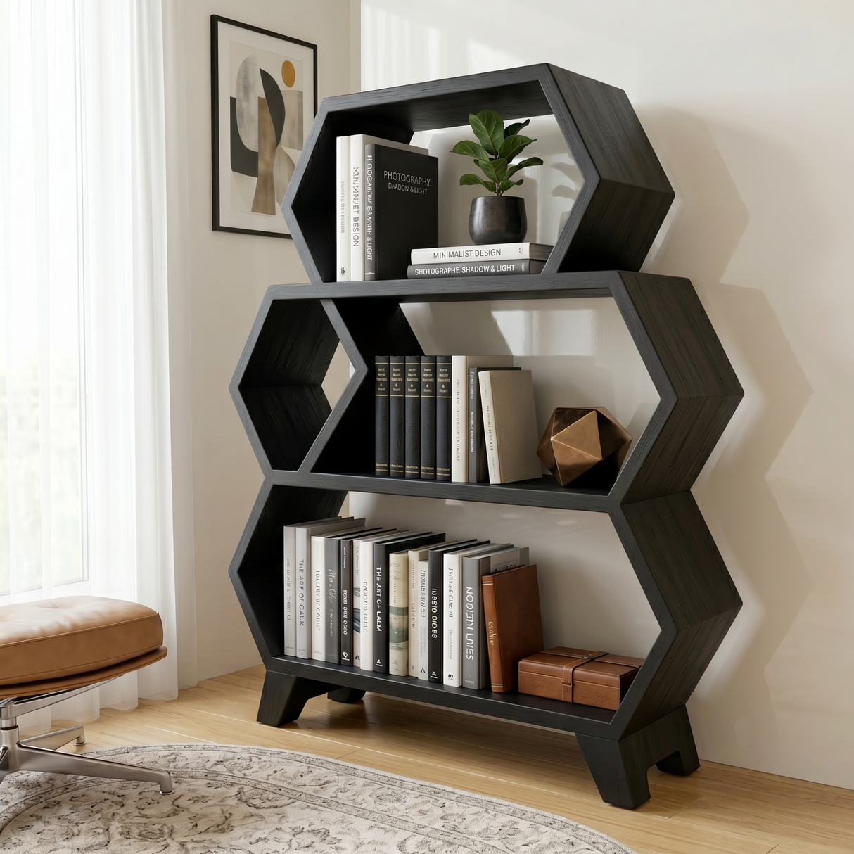 Solid Wood Hexagon Bookshelf with Open Display Shelves
