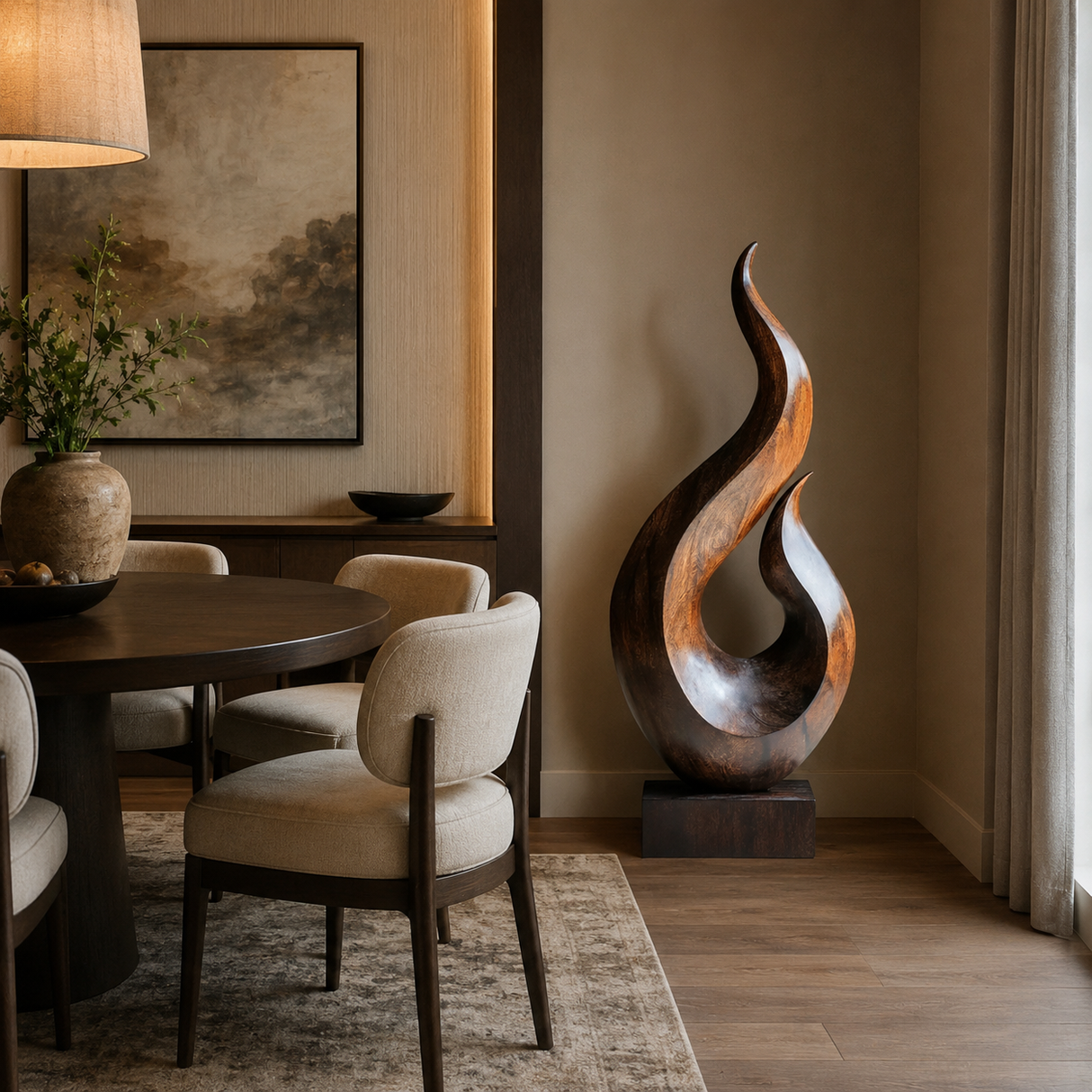 Handcrafted Solid Wood Twin Flame Floor Sculpture for Living Room Decor