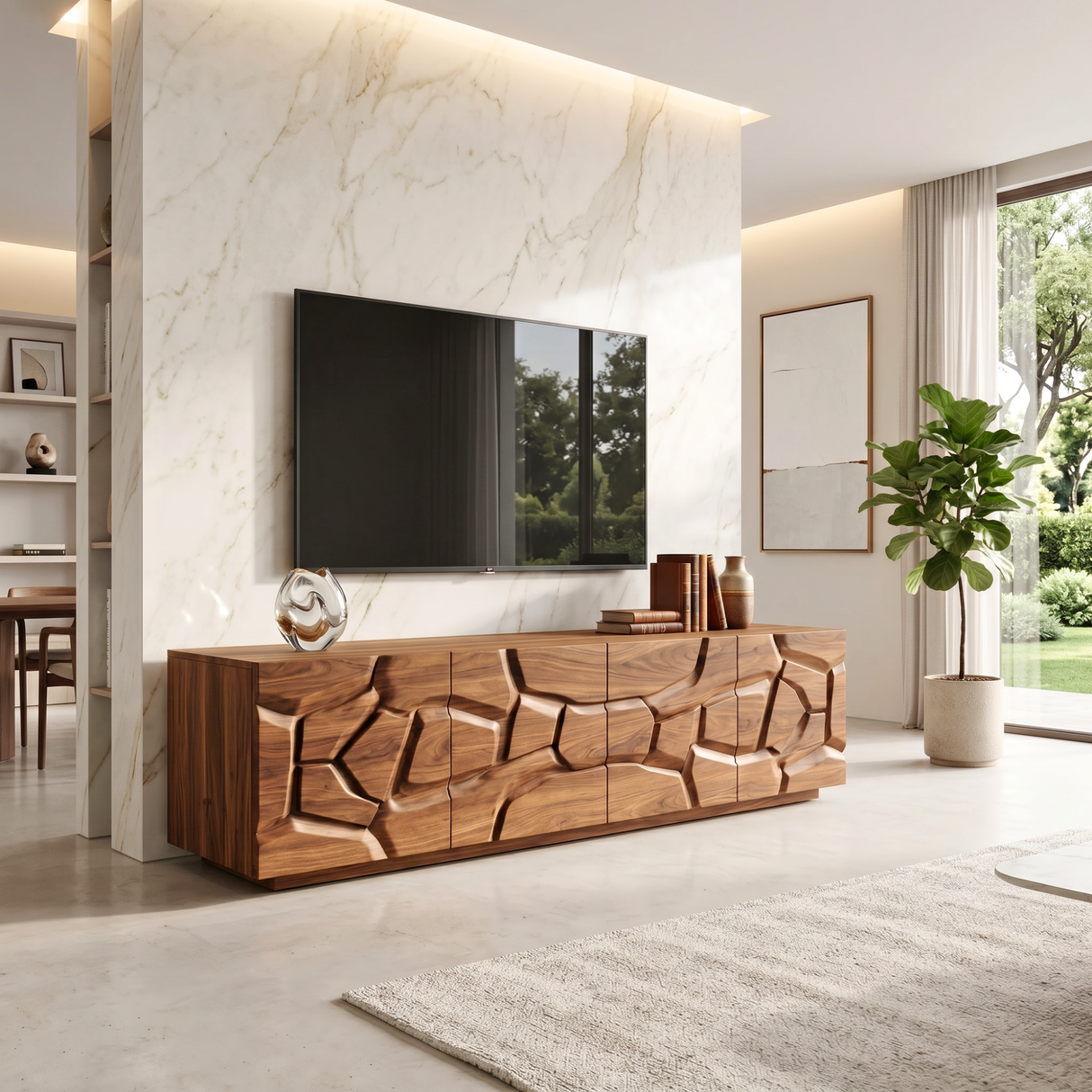 Solid Wood TV Console with Geometric Carved Door Fronts