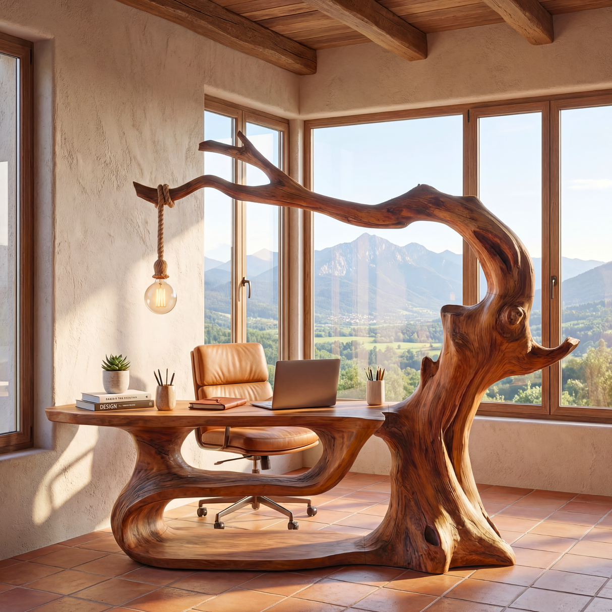 Sculptural Solid Wood Desk with Integrated Hanging Lamp, Organic Writing Table, Artistic Reading Nook Desk