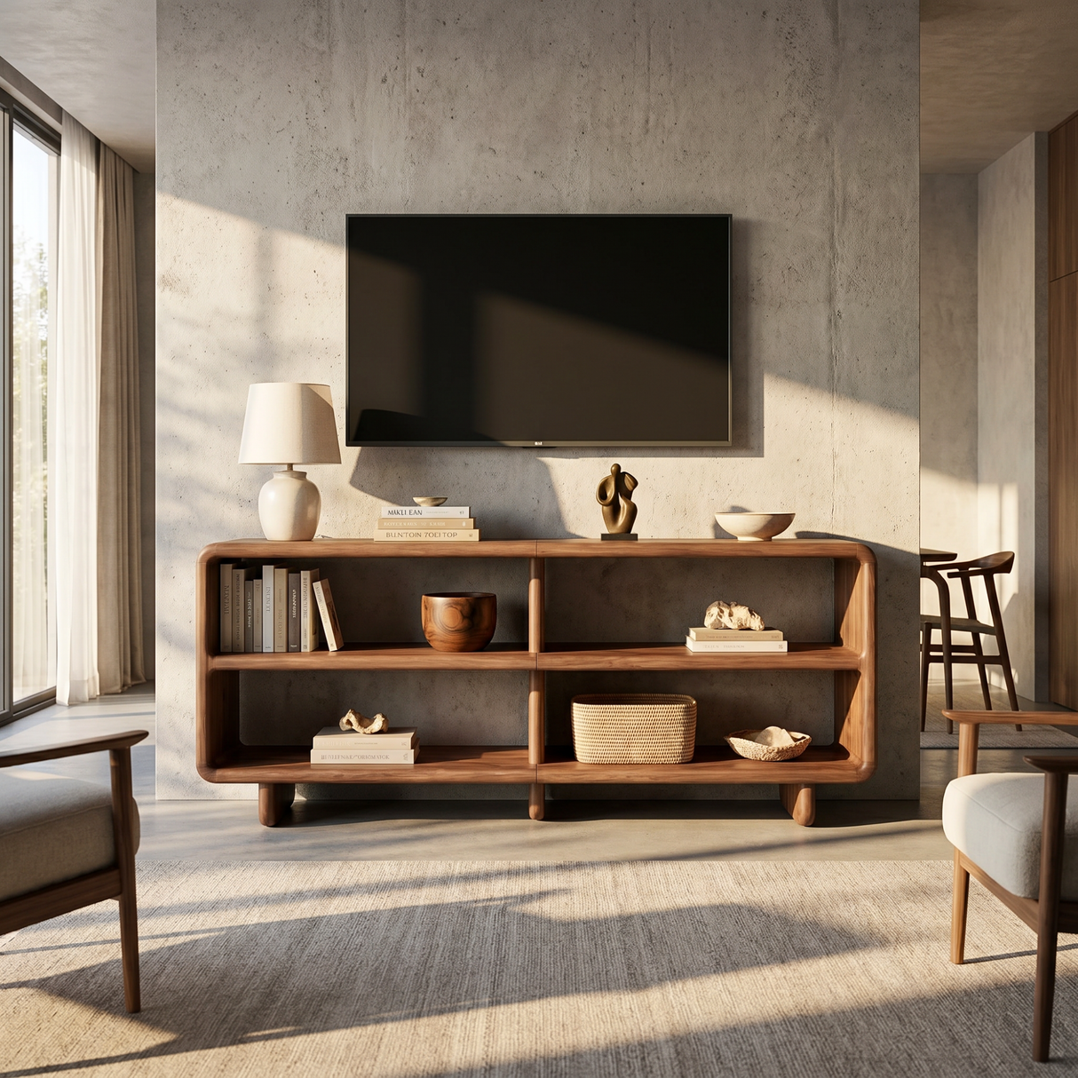 Solid Wood Open Shelf Sideboard with Rounded Edge Storage Design