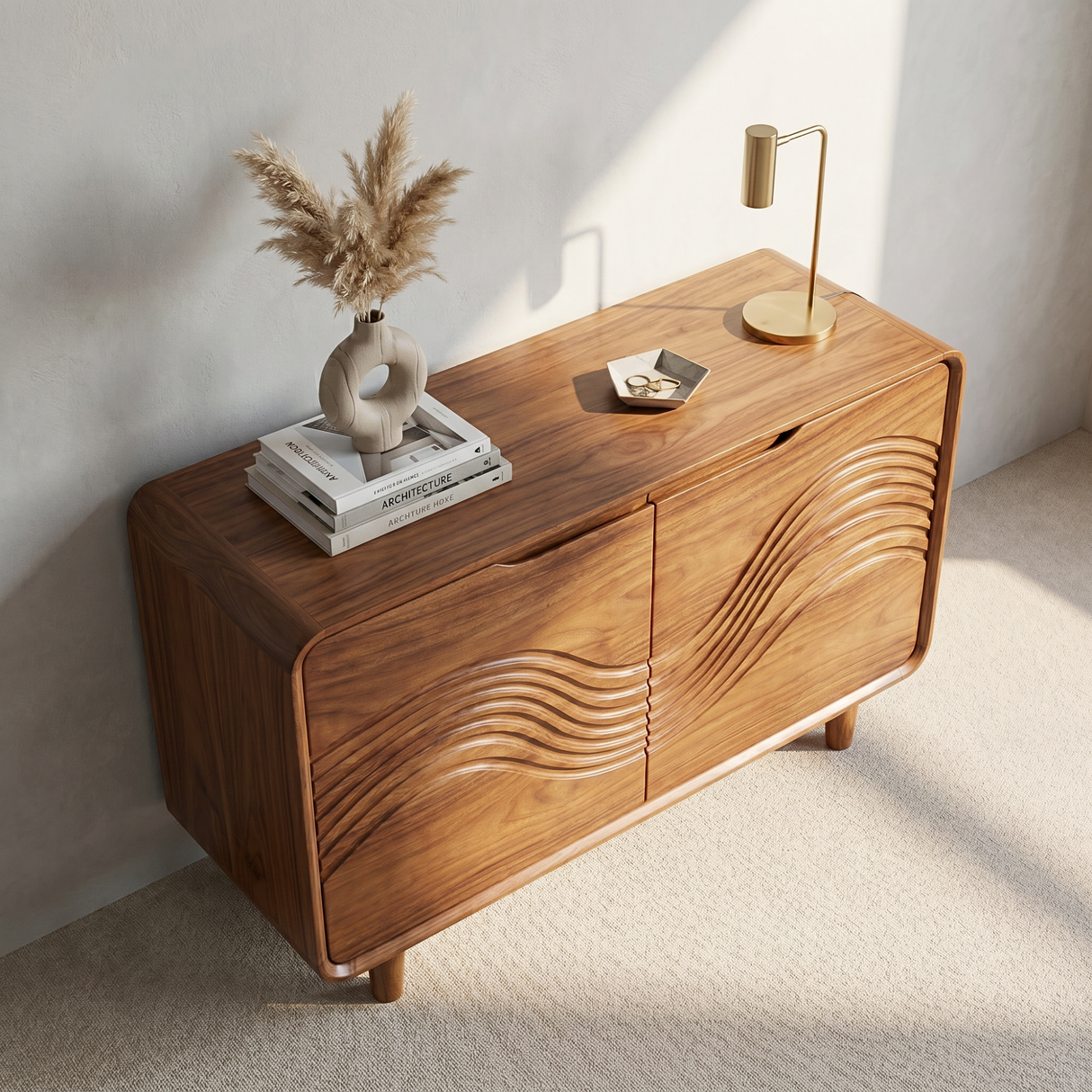 Solid Wood Two Door Sideboard with Wave Relief FrontSolid Wood Two Door Sideboard with Wave Relief Front