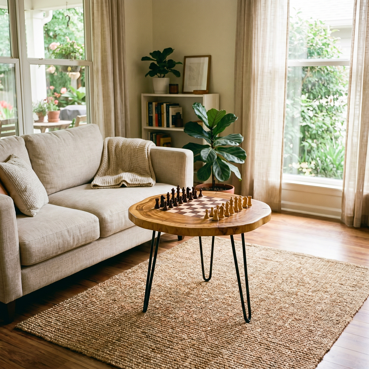 Handcrafted Solid Wood Chess Coffee Table with Organic Round Top and Hairpin Legs