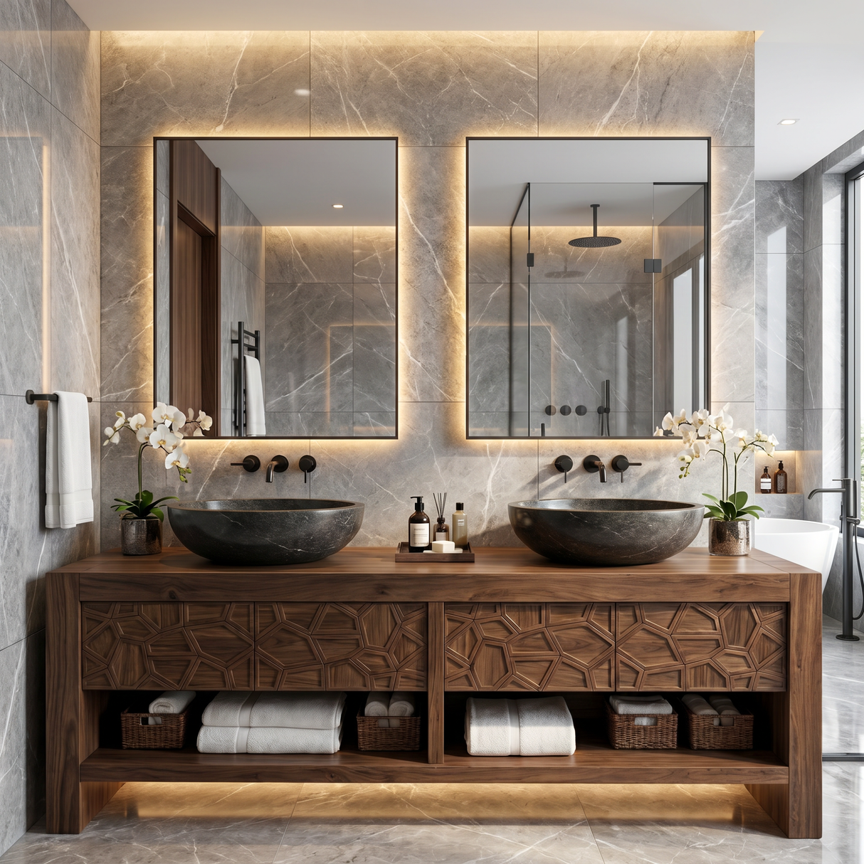 Modern Solid Wood Bathroom Vanity Cabinet With Geometric Carved Design