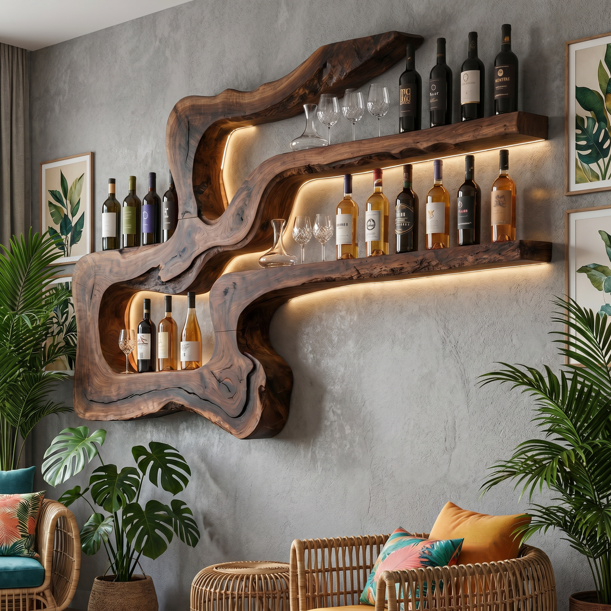 Handmade Organic Wood Wine Rack Wall Shelf Sculptural Bar Decor