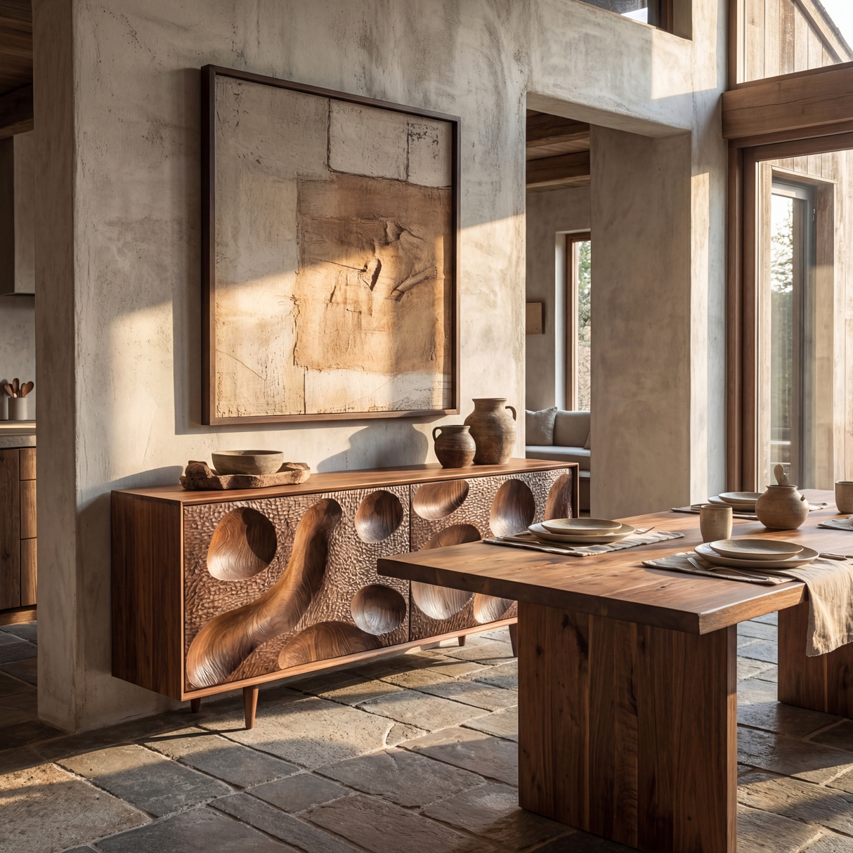 Solid Wood Sideboard with Hand Carved Crater Front