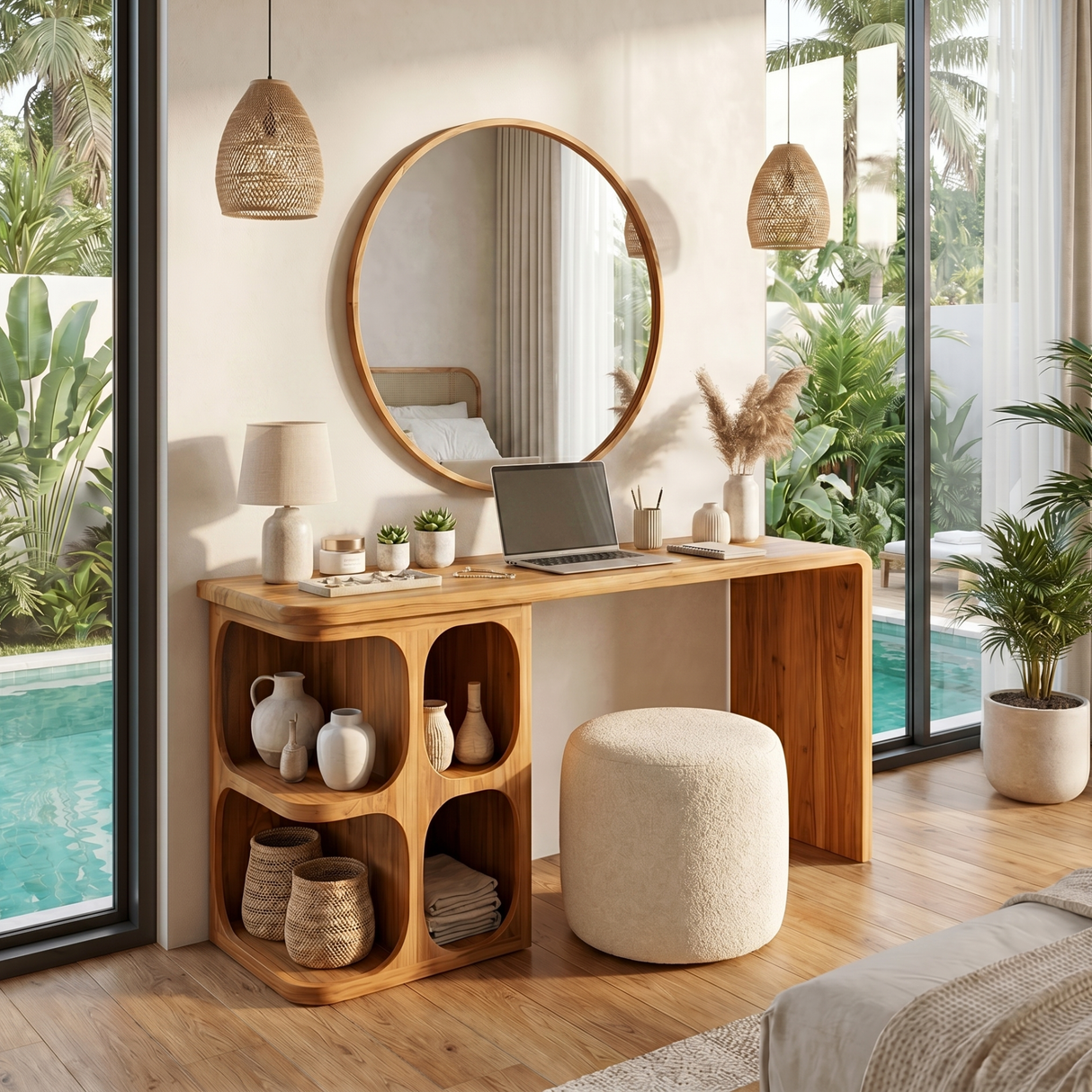 Organic Solid Wood Vanity Desk with Rounded Cubby Storage and Waterfall Panel