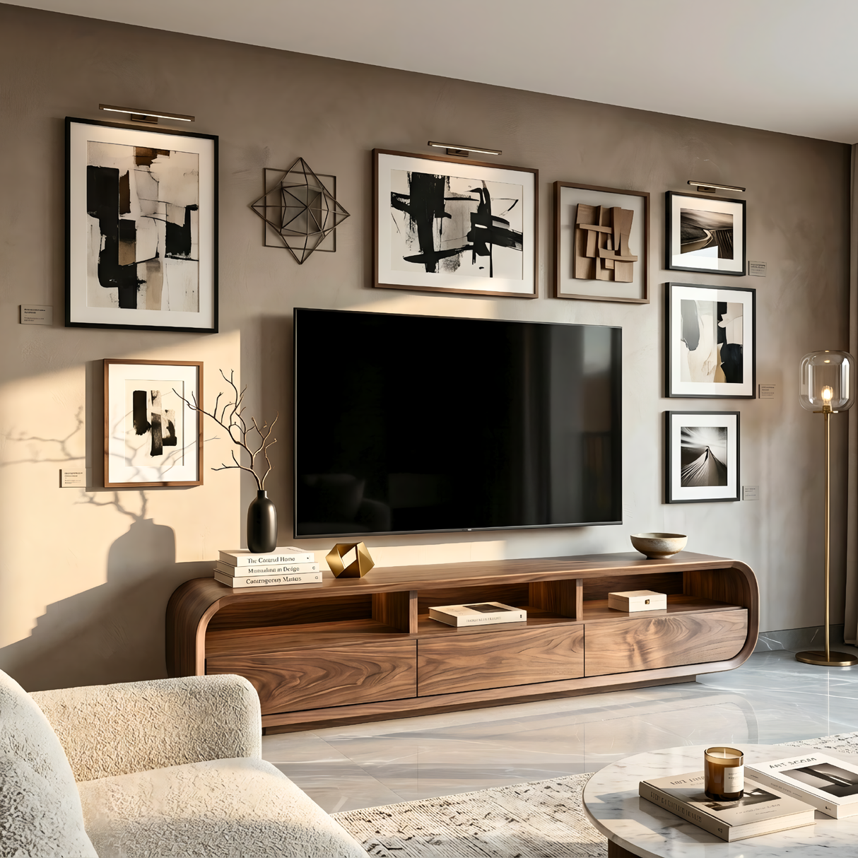 Solid Wood Entertainment Unit Curved Storage Media Console Organic Modern TV Cabinet