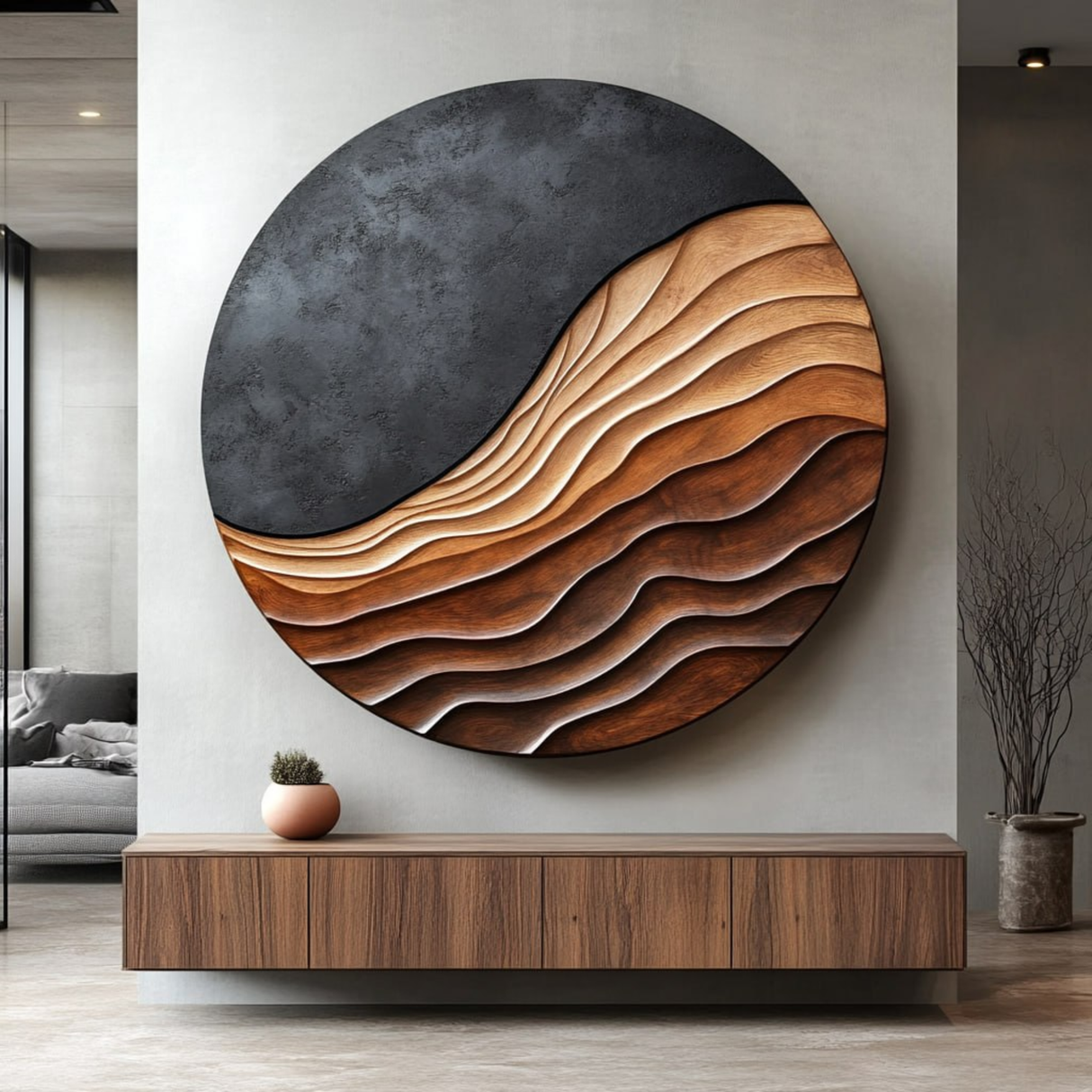 Round Layered Solid Wood Wall Sculpture with Flowing Relief and Textured Contrast