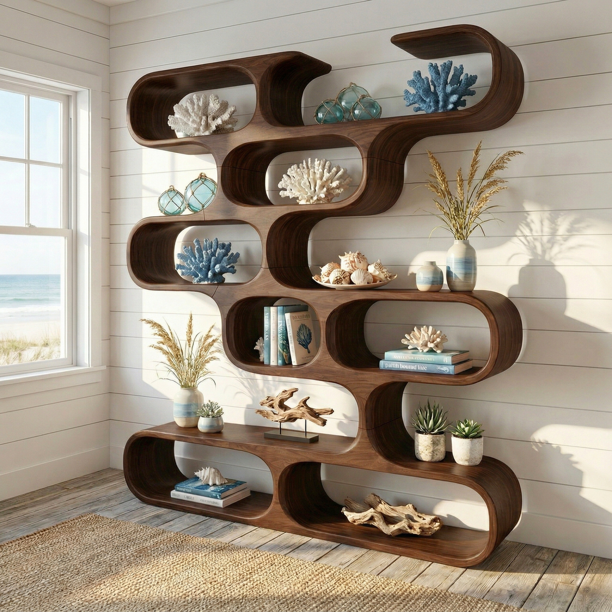 Handcrafted Solid Wood Organic Bookcase with Curved Open Display Shelves