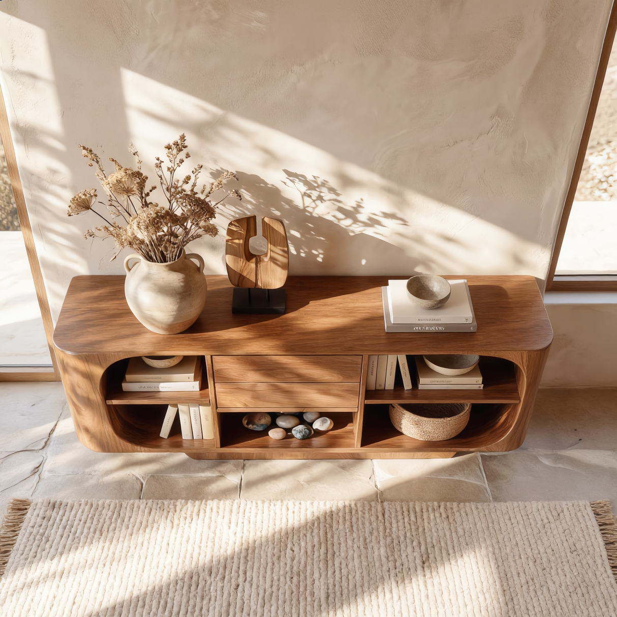 Sculptural Solid Wood Sideboard with Center Drawers and Rounded Open Shelves, Organic Modern Storage Cabinet