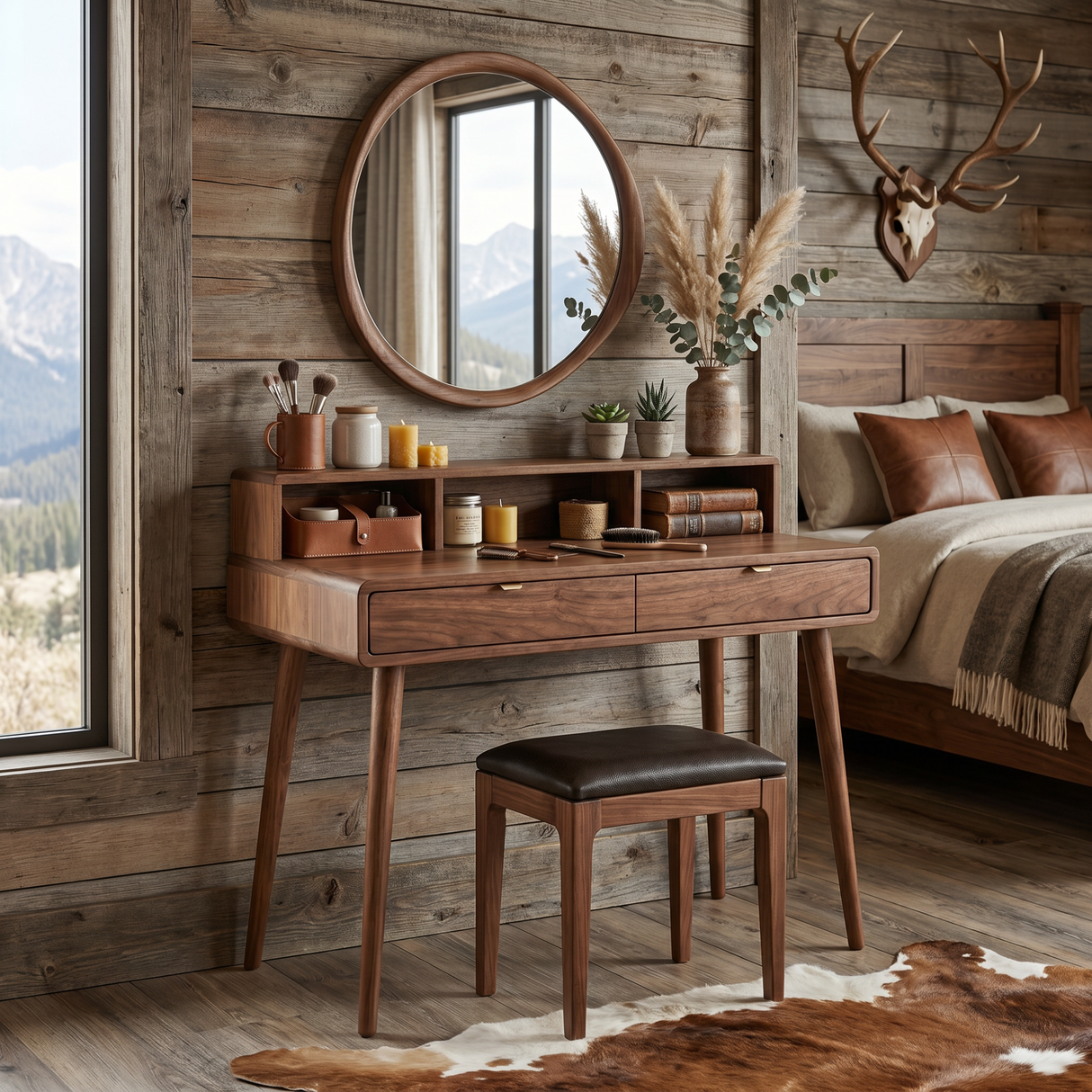 Mid-Century Solid Wood Vanity Desk with Open Hutch Shelf and Dual Drawer Storage