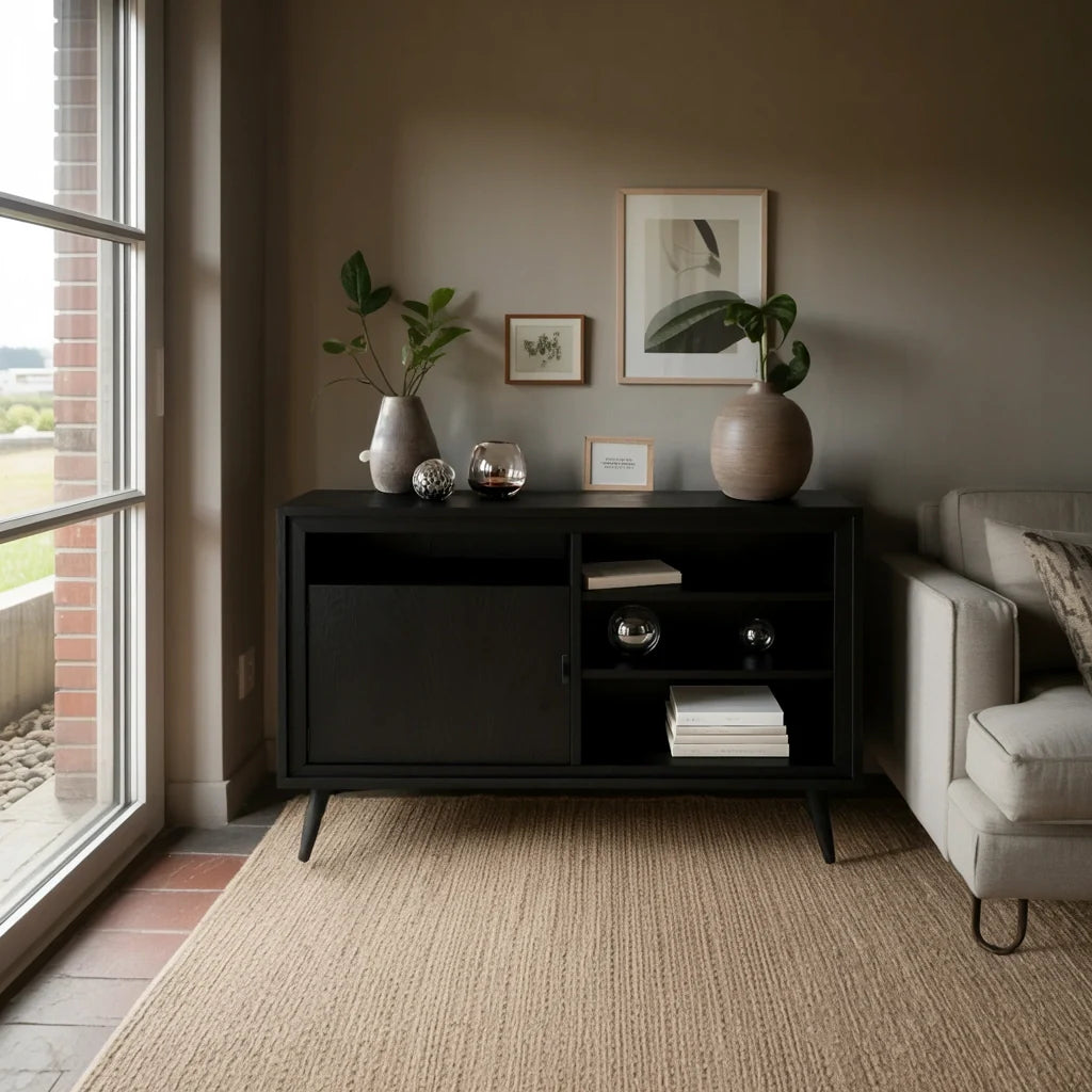Dark Solid Wood Sideboard with Open Shelving for Modern Interiors