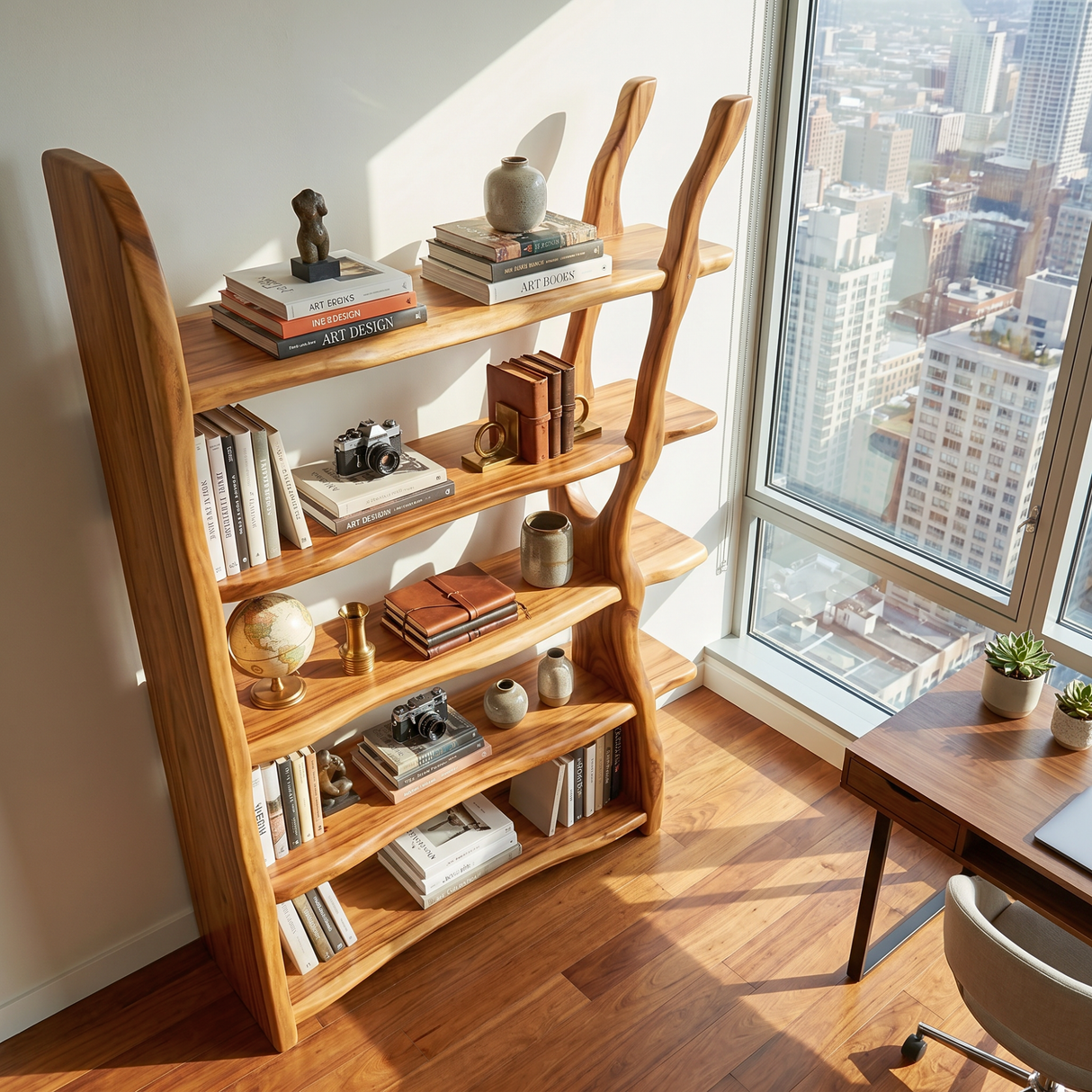 Freestanding Solid Wood Bookshelf with Sculptural Tree Support