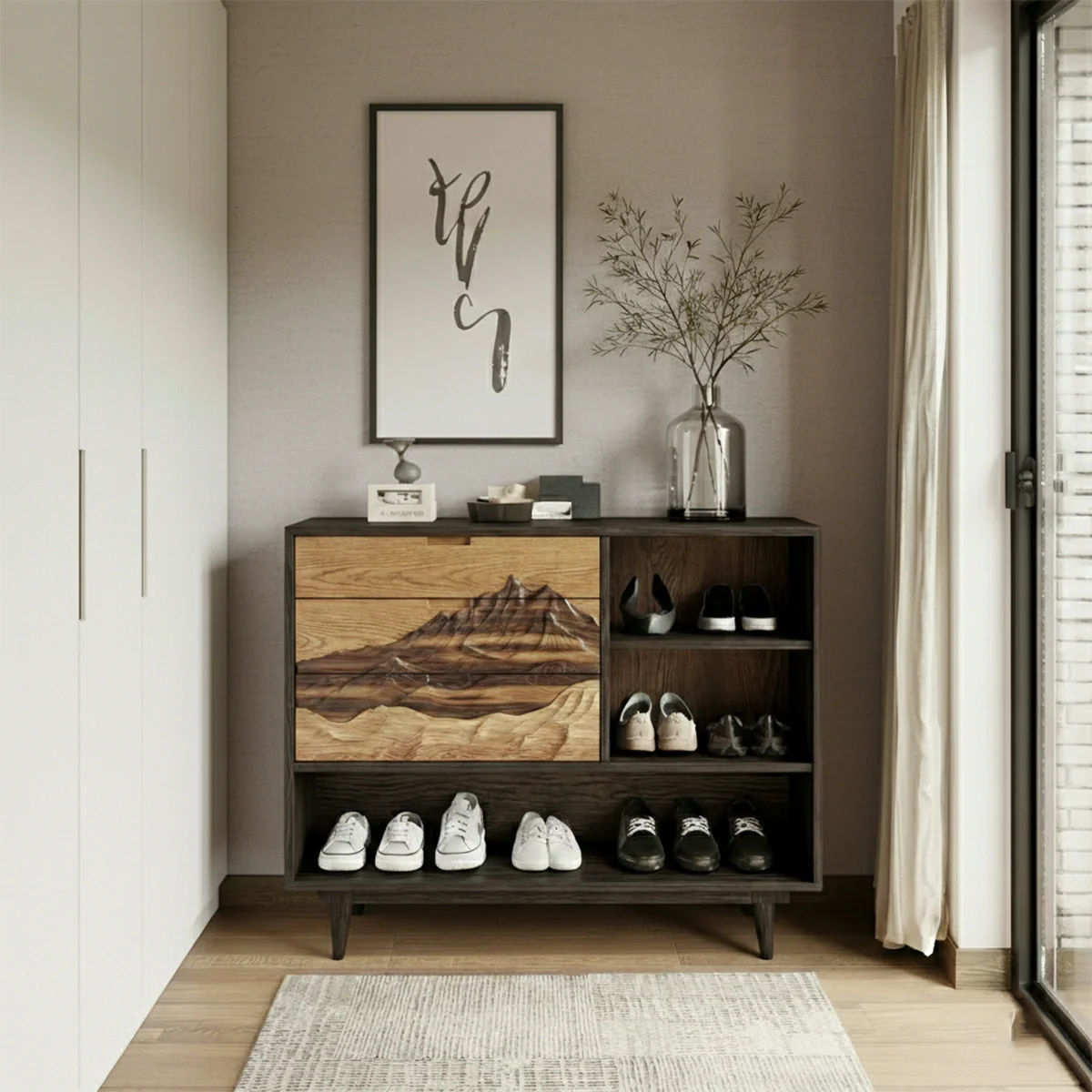 Artistic Mountain Grain Solid Wood Shoe Cabinet for Modern Entryway