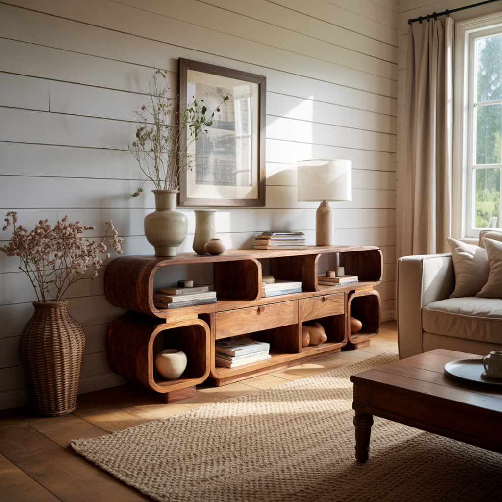 Living Room Sideboard Solid Wood Sideboard Modern Organic Wooden Credenza Curved Open Shelf Buffet Cabinet Sculptural Storage Console Natural Wood