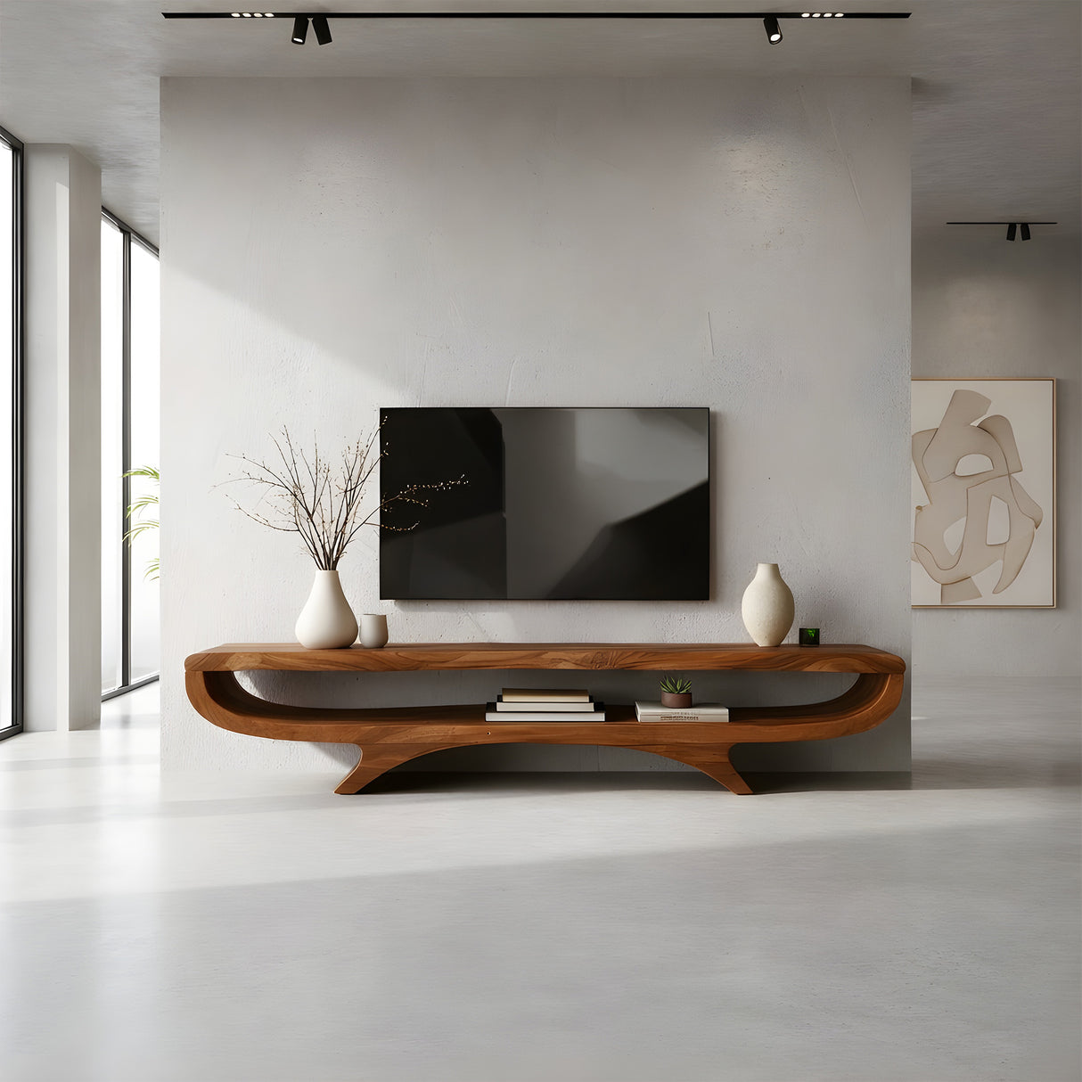 Curved Solid Wood Floating TV Console for Minimalist Interiors