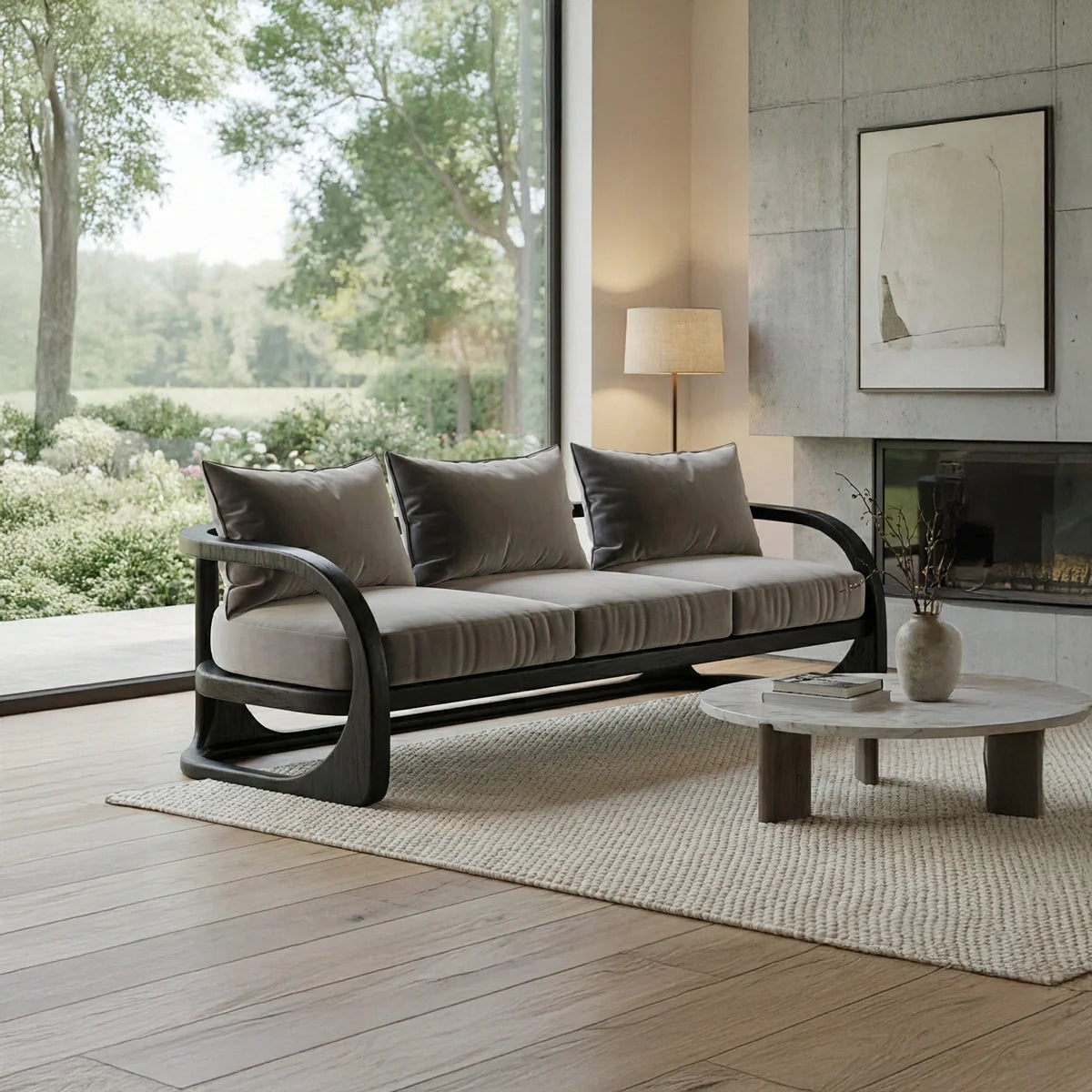 Curved Solid Wood Frame Sofa Modern Sculptural Living Room Couch with Cushions