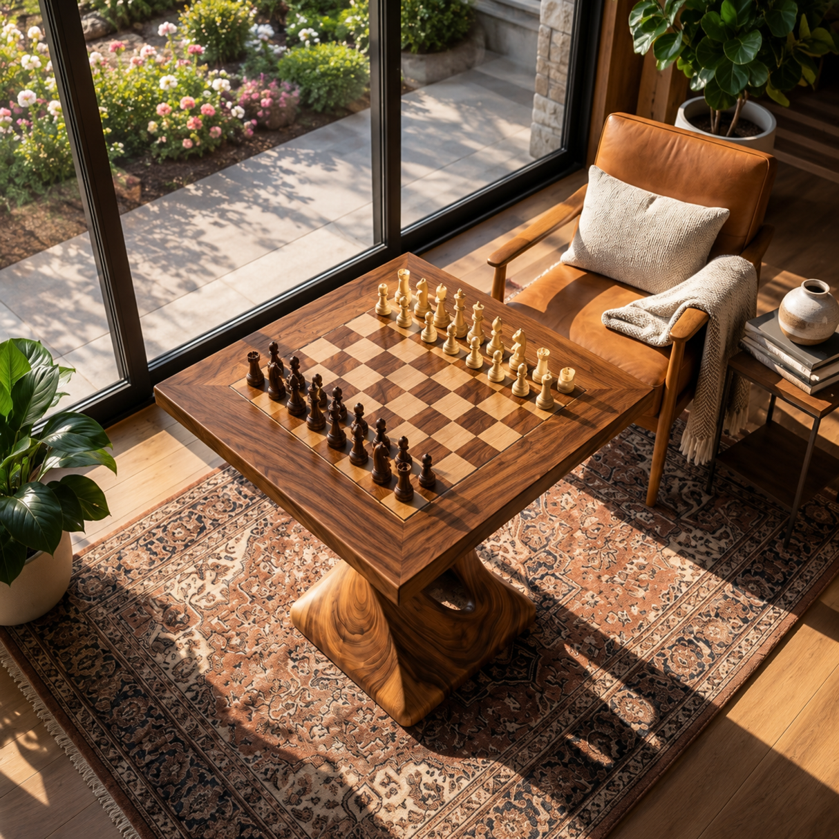 Handcrafted Solid Wood Chess Table with Sculptural Twisted Pedestal Base