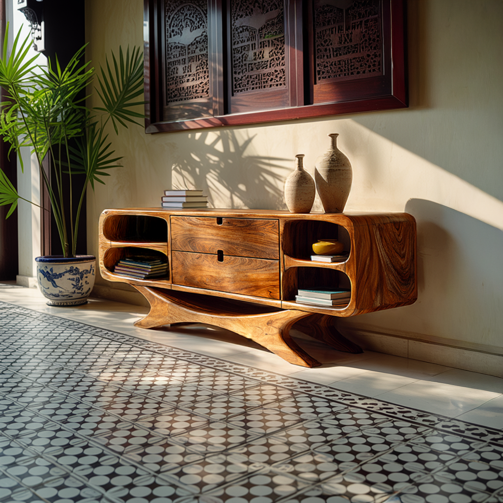 Modern Organic Solid Wood Sideboards Sculptural Media Cabinet Natural Wood Sideboard Credenza for Living Room Storage