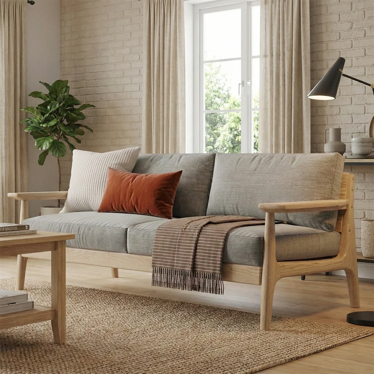 Modern Solid Wood Sofa Scandinavian Style Wooden Frame Couch with Upholstered Cushions