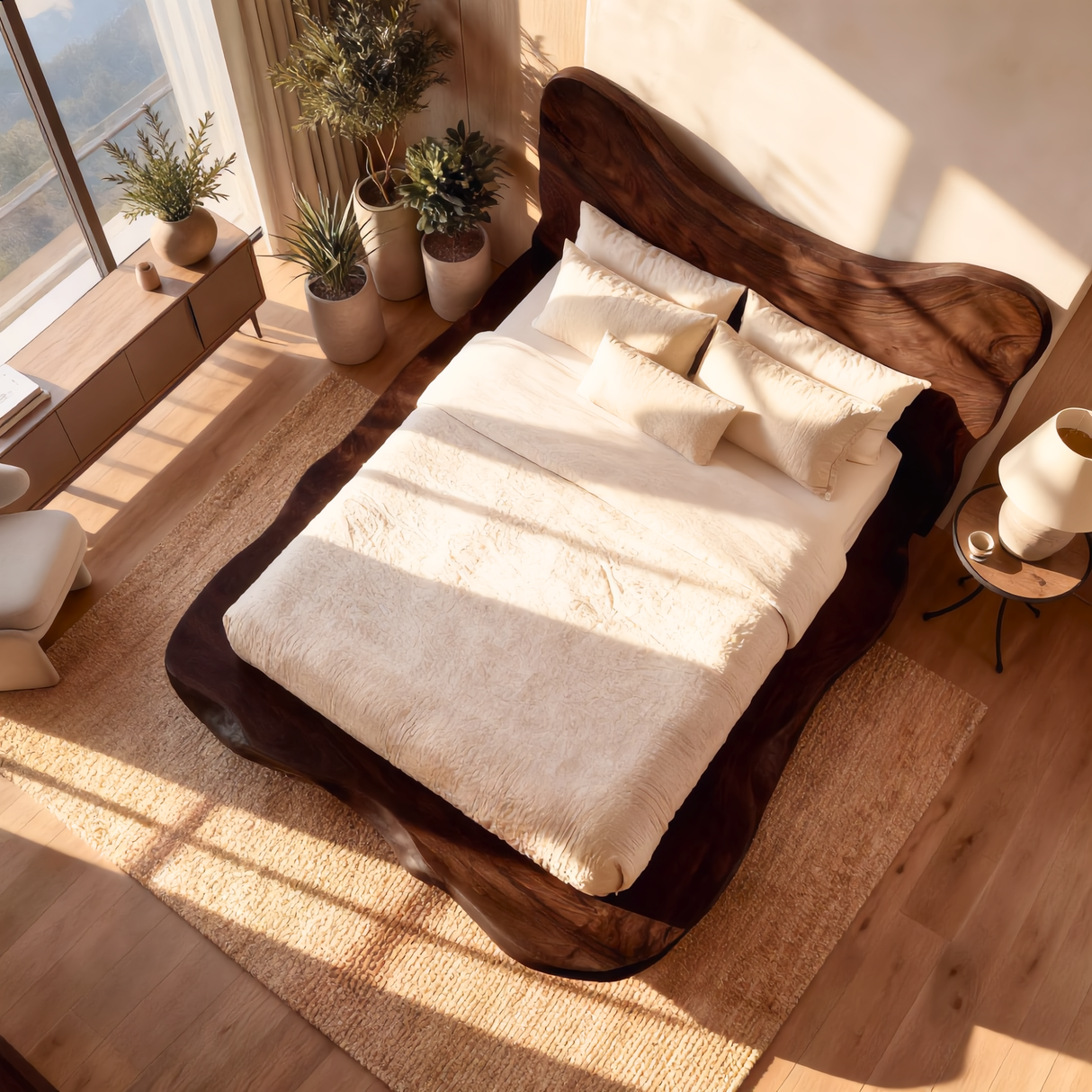 Sculptural Solid Wood Bed Frame with Organic Headboard