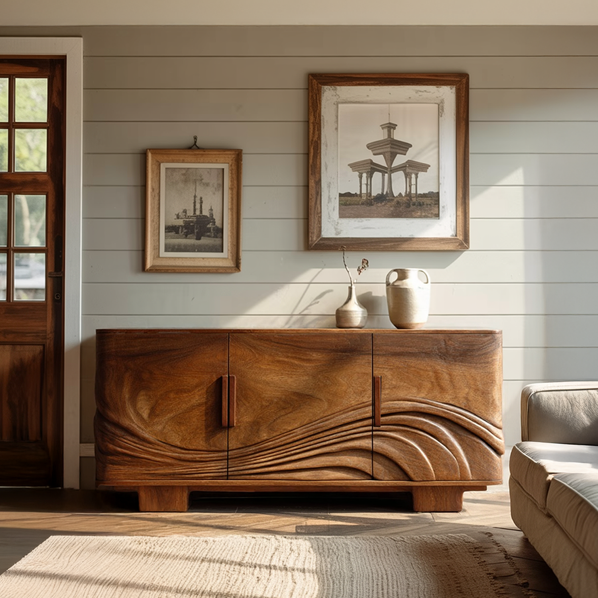 Handcrafted Solid Wood Sideboard Wave Carved Front Cabinet Organic Modern Wooden Buffet Credenza for Living Room