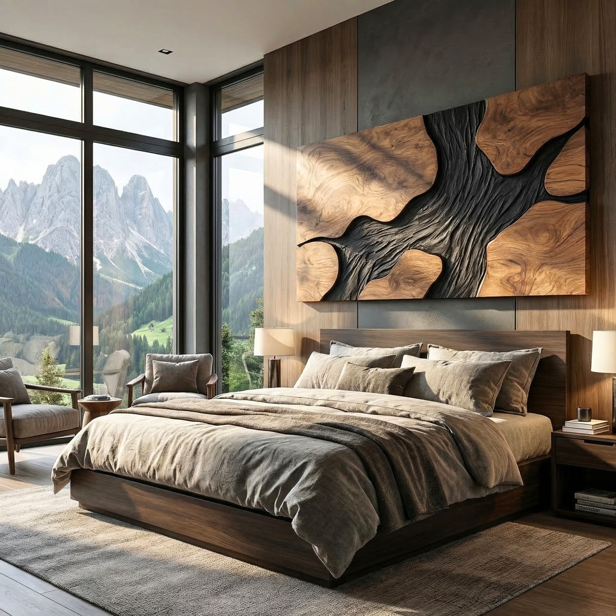 Sculptural Wood Wall Art Panel with Black Flowing Grain Form
