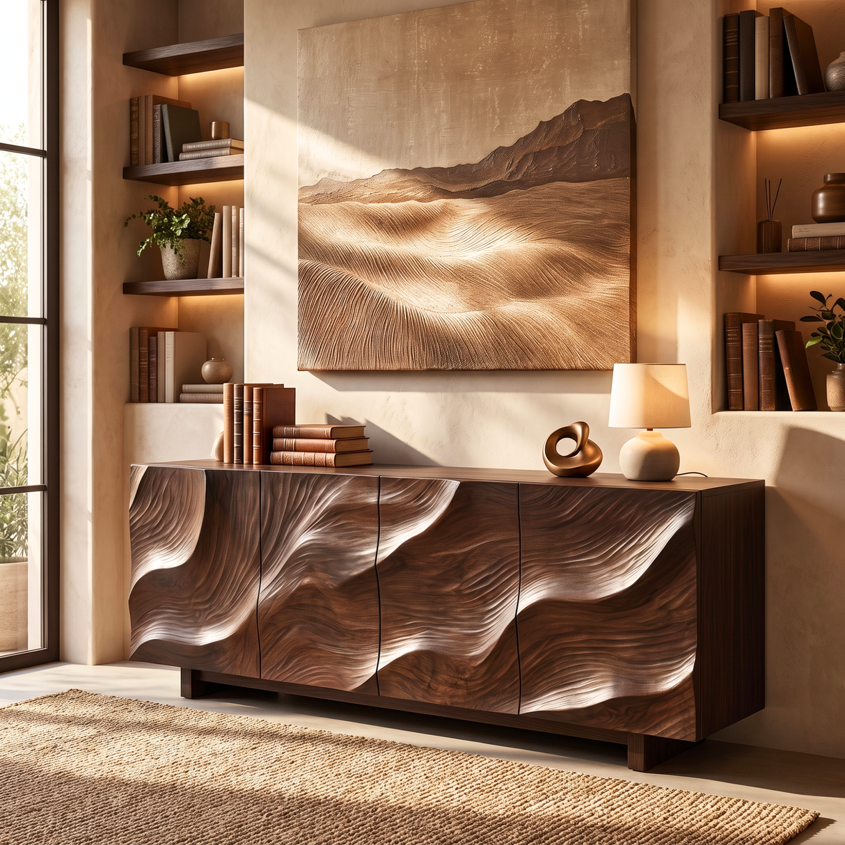 Sideboard Solid Wood with Sculptural Sand Dune Relief Doors