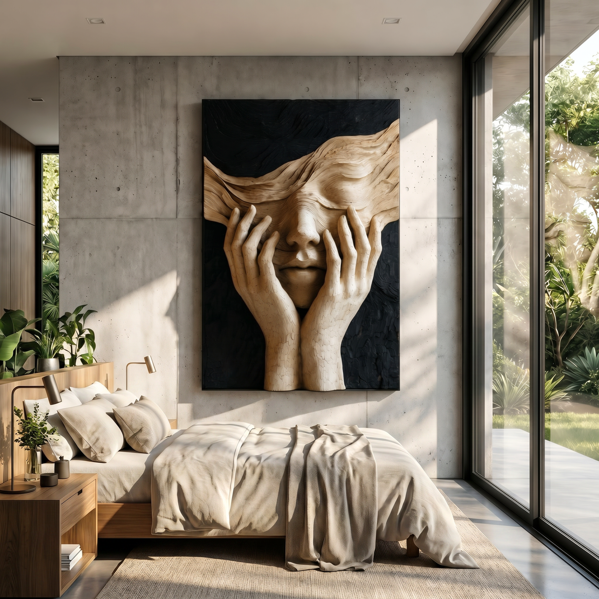 Handcrafted Veiled Face Sculptural Wood Wall Art with Expressive Hands