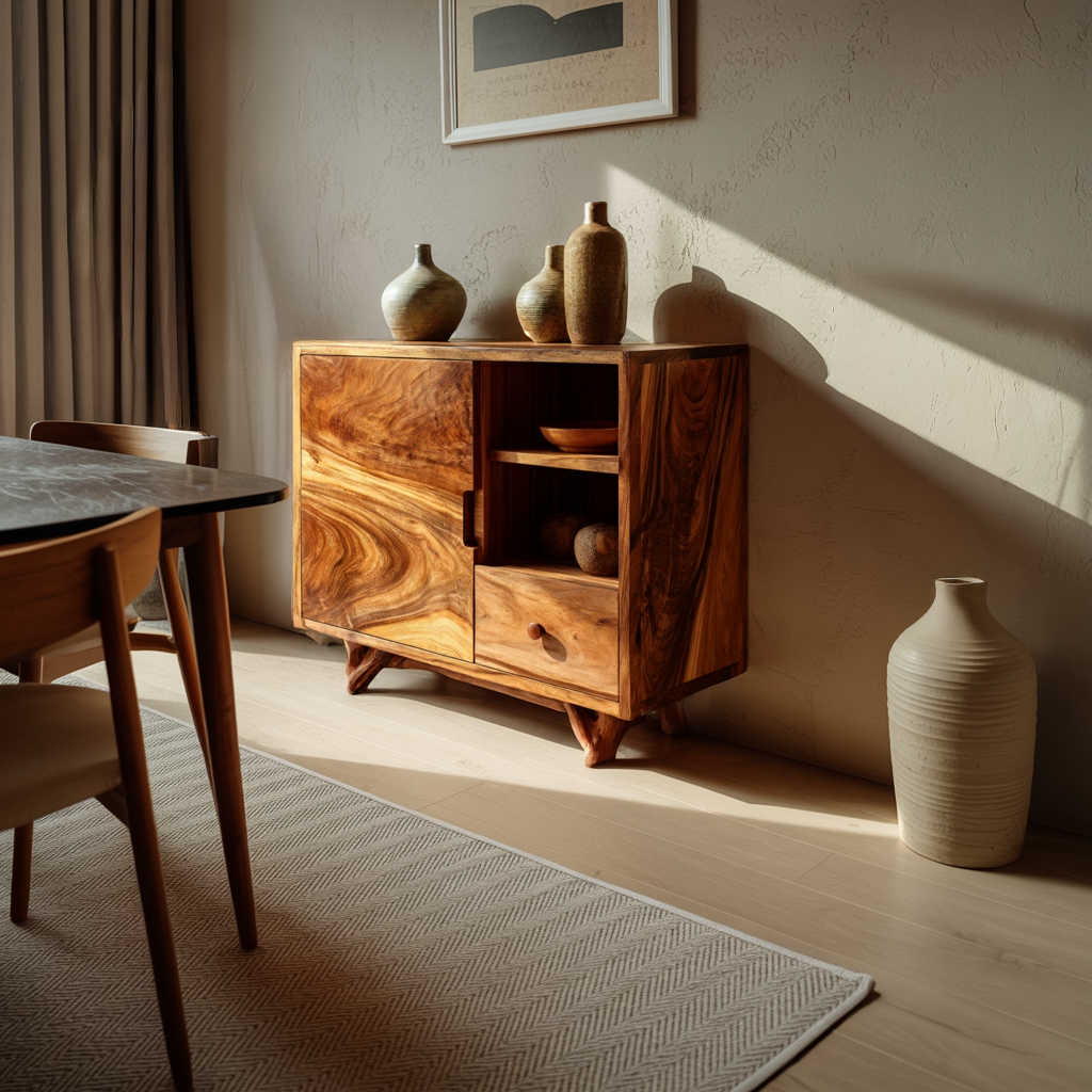 Solid Wood Sideboard with Natural Grain Doors Modern Organic Storage Cabinet with Shelves for Living Room