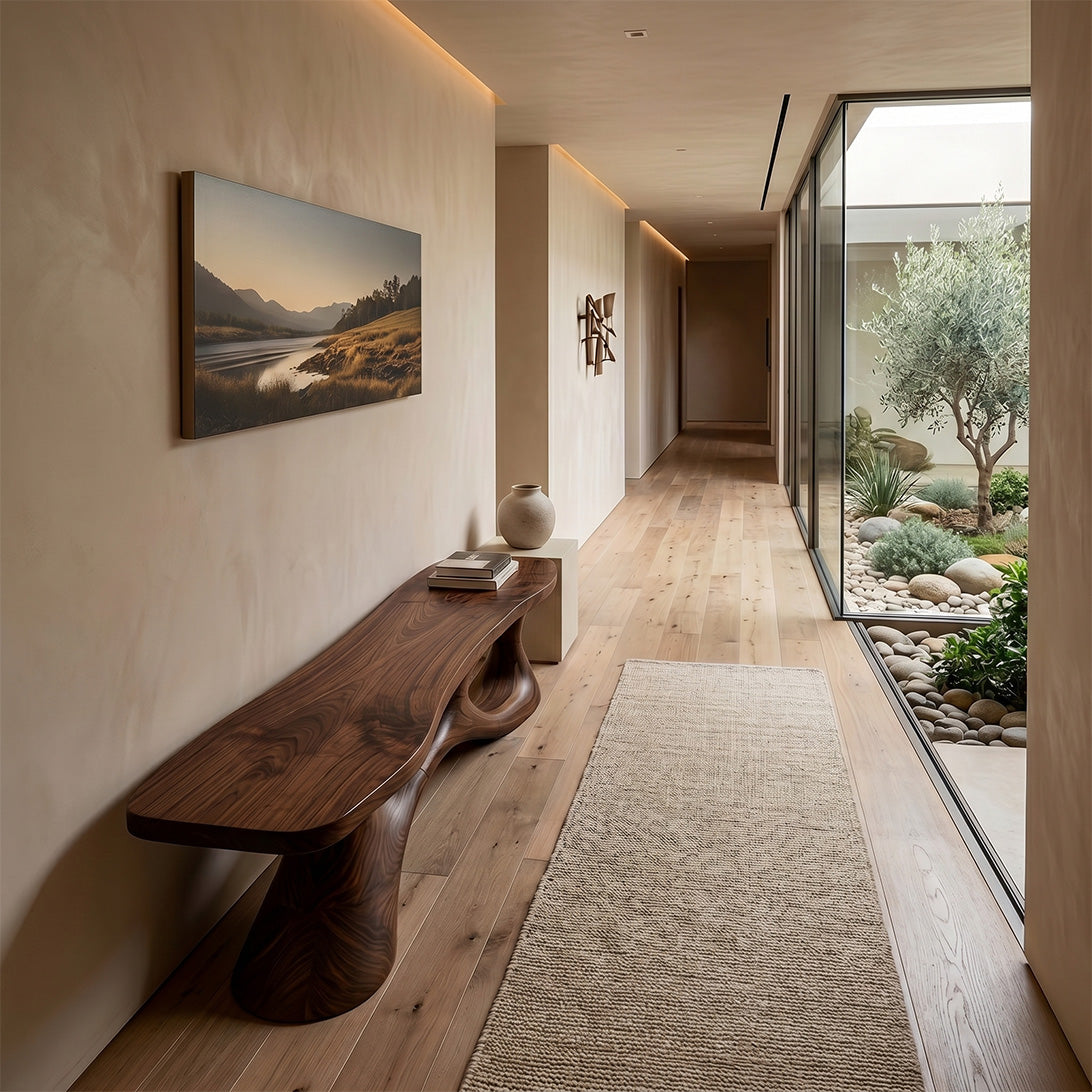 Organic Sculptural Solid Wood Console Table with Modern Curved Base