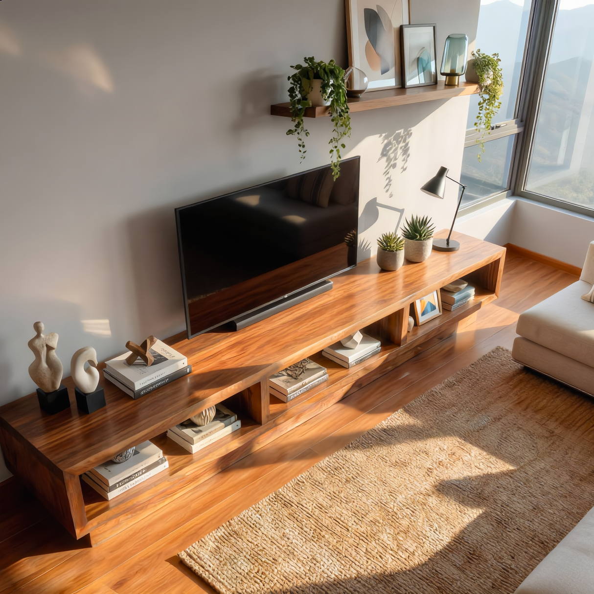 Solid Wood TV Cabinet with Open Display Shelves for Contemporary Living Rooms