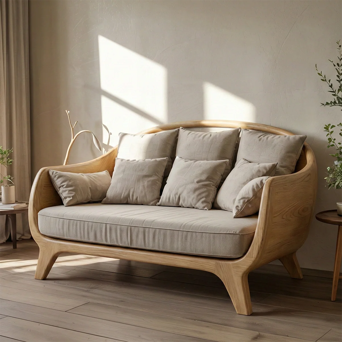 Luxury Curved Solid Wood Sofa Sculptural Scandinavian Style Upholstered Couch