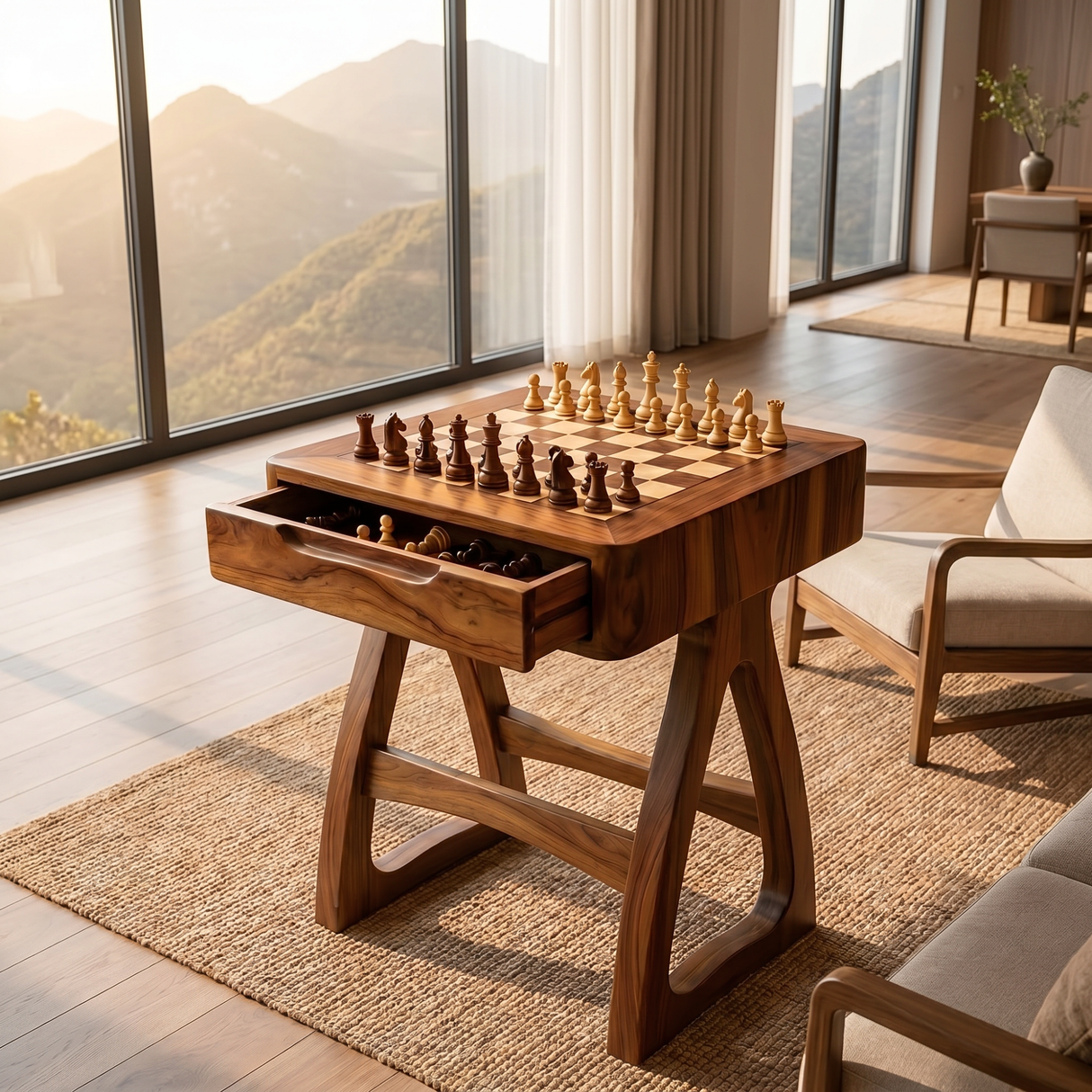 Handcrafted Solid Wood Chess Table with Storage Drawer and Sculptural Base