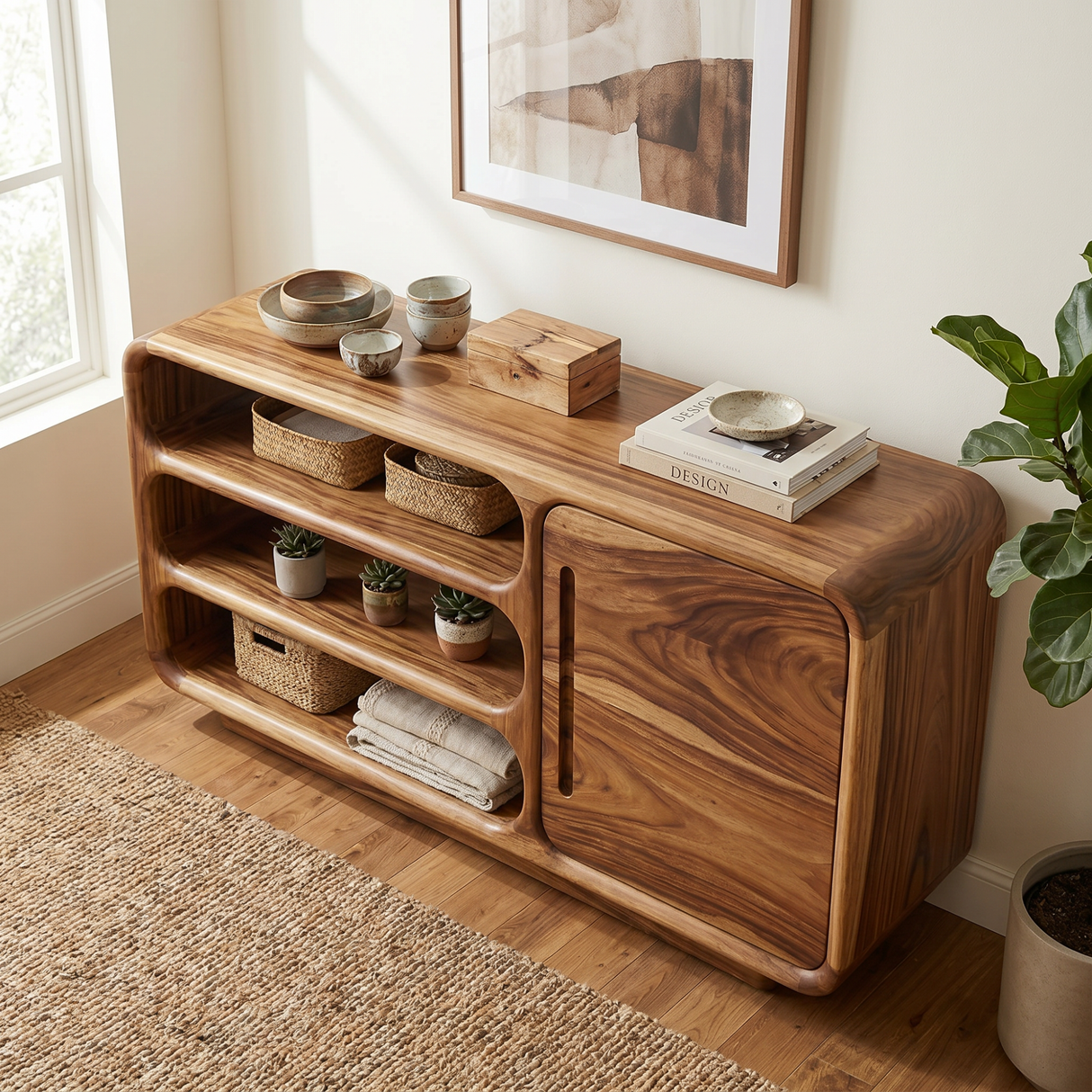 Solid Wood Rounded Sideboard with Open Shelves for Living Room