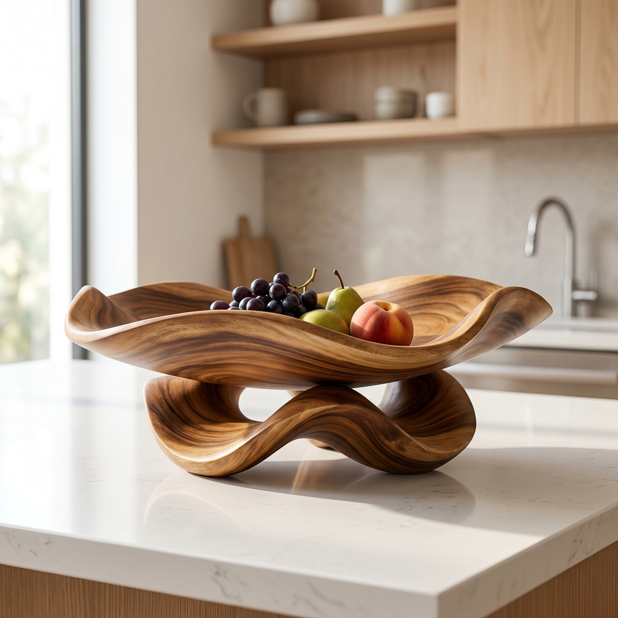 Solid Wood Ripple Fruit Bowl with Sculptural Wave Base and Flowing Rim