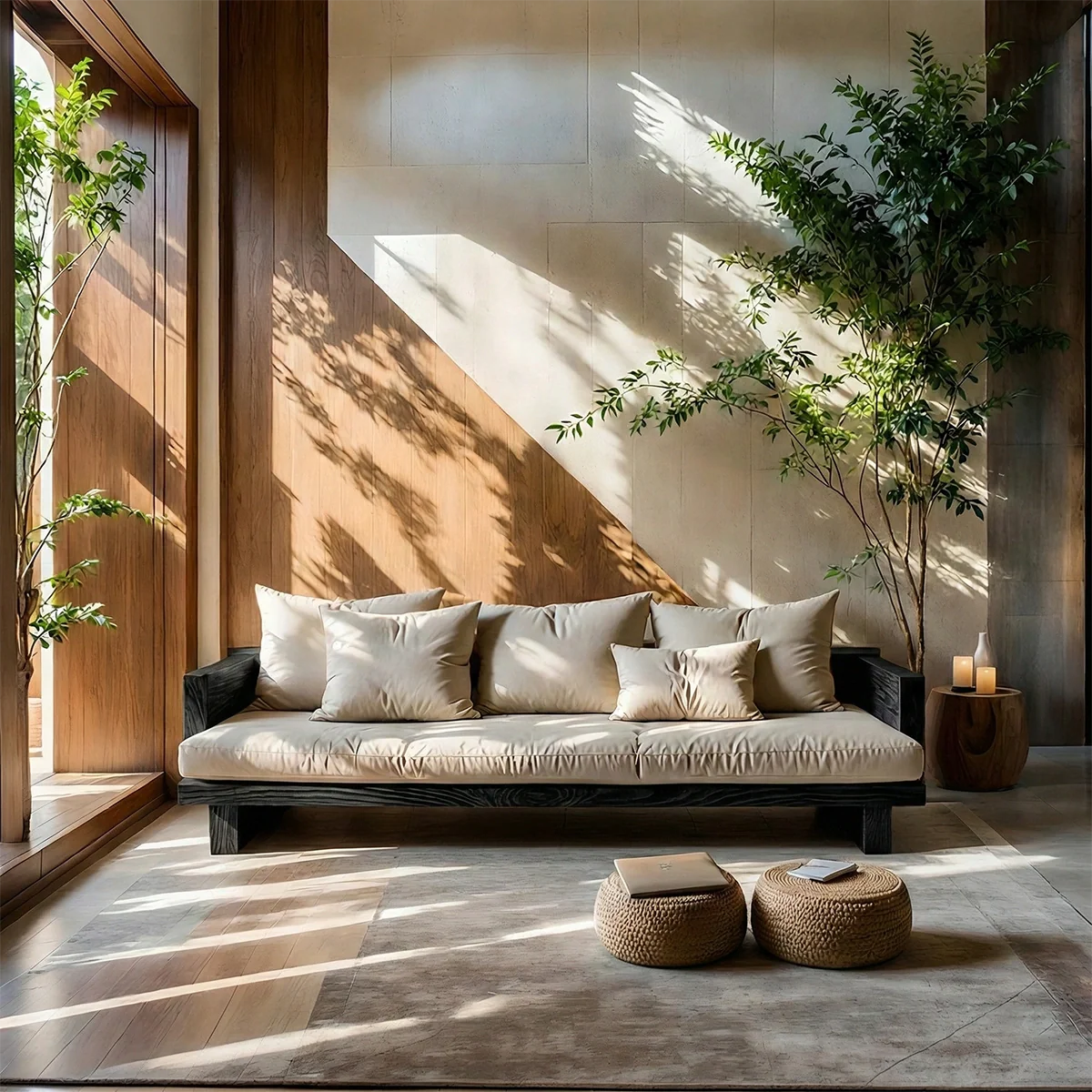Low Profile Solid Wood Sofa with Linen Cushions for Zen Modern Living