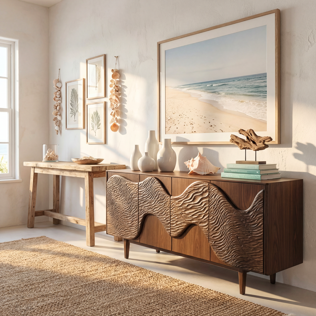 Sculpted Wave Front Wood Sideboard Cabinet for Living Room or Dining Room