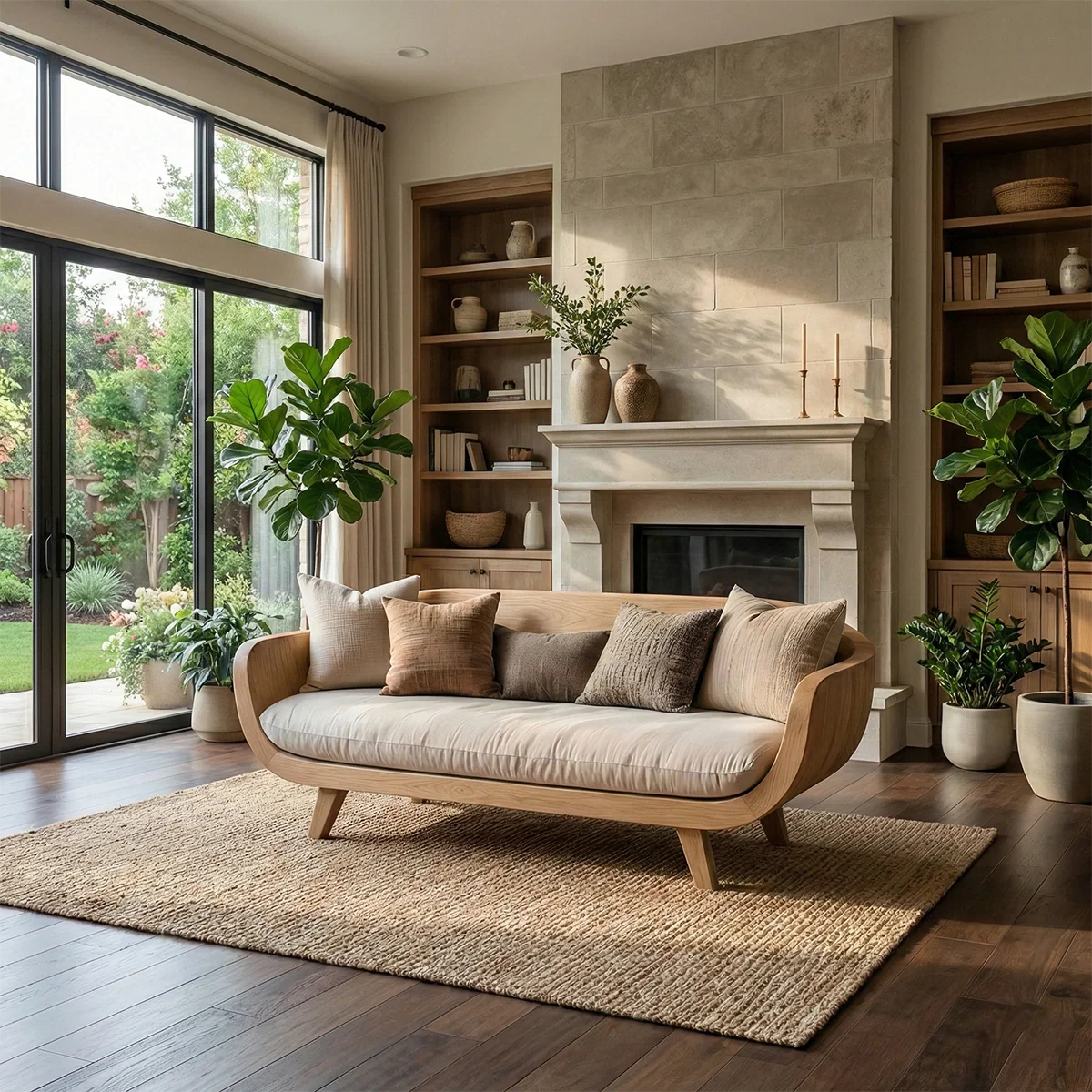 Curved Solid Wood Sofa Japanese Modern Sculptural Couch with Linen Cushion