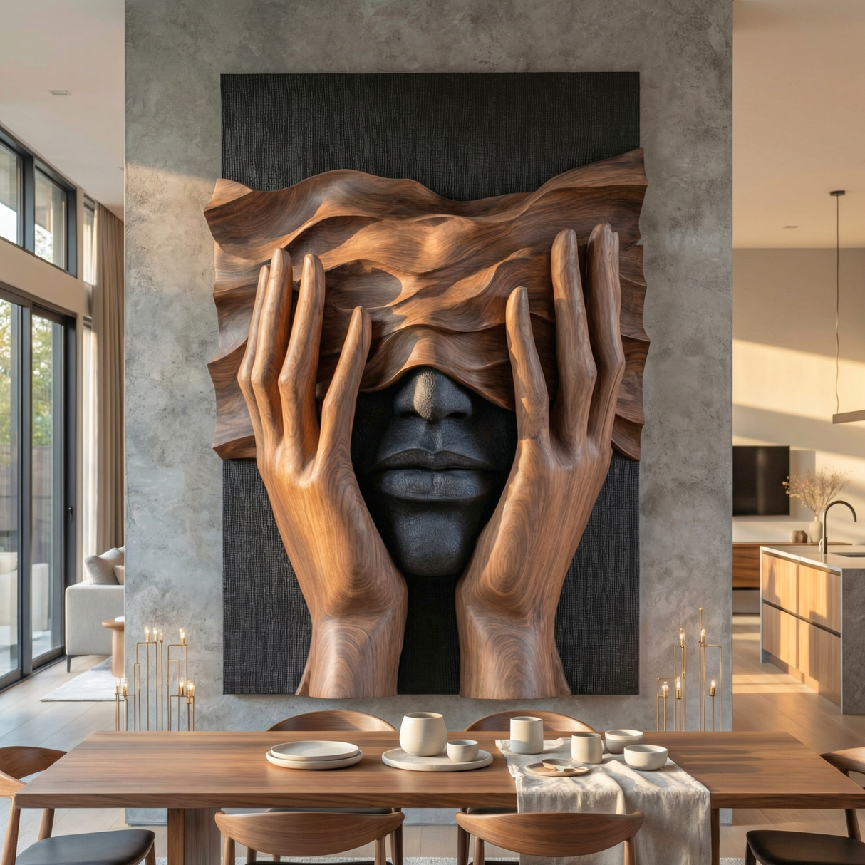 Handcrafted Solid Wood Wall Art Panel with Surreal Portrait and Sculptural Hands Relief