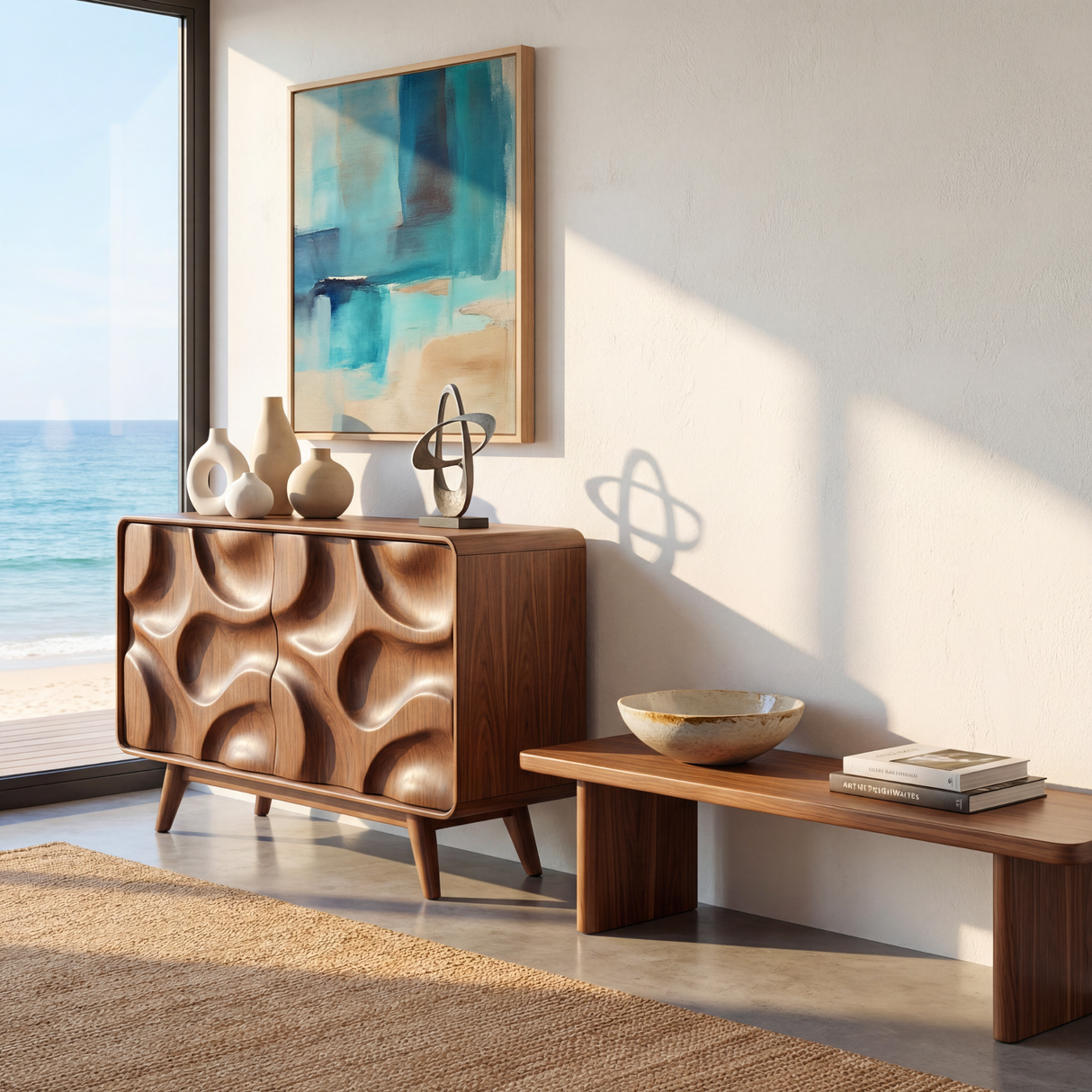 Sculpted Walnut Wood Sideboard Cabinet for Living Room or Dining Room