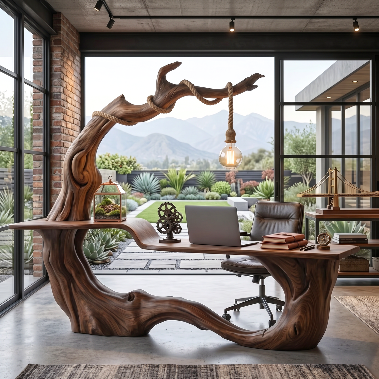 Handmade Organic Solid Wood Desk With Hanging Lamp Sculptural Modern Workspace Table